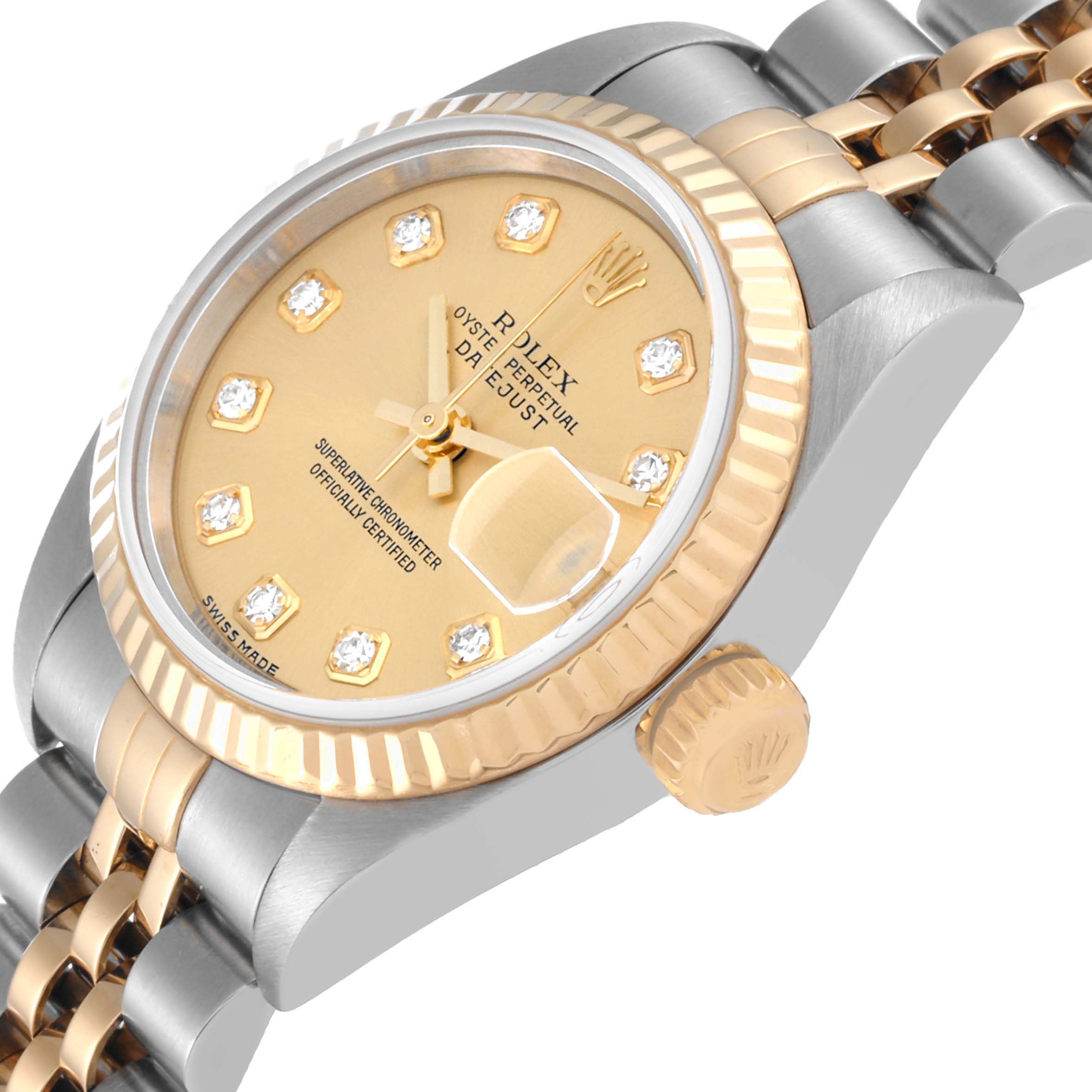 The image shows a close-up angle of the Rolex Datejust 79173G Women's Steel and Gold (two tone) Champagne Dial 79173G Women's Steel and Gold (two tone) Champagne Dial model watch, highlighting its dial, bezel, crown, and part of the bracelet.