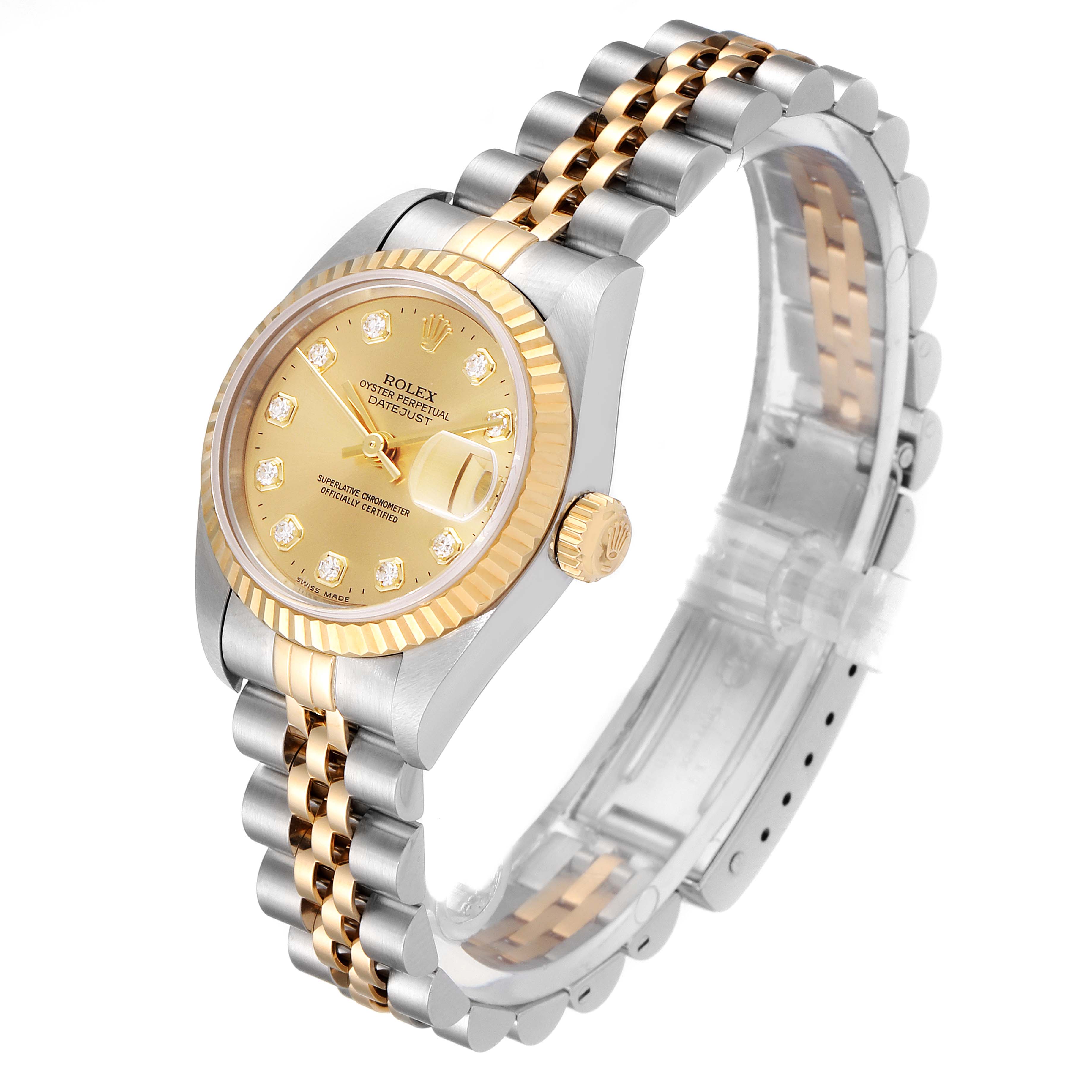 The Rolex Datejust 79173 Women's Steel and Gold (two tone) Champagne Dial 79173 Women's Steel and Gold (two tone) Champagne Dial watch is shown at a three-quarter angle, displaying the face, bezel, crown, and bracelet.