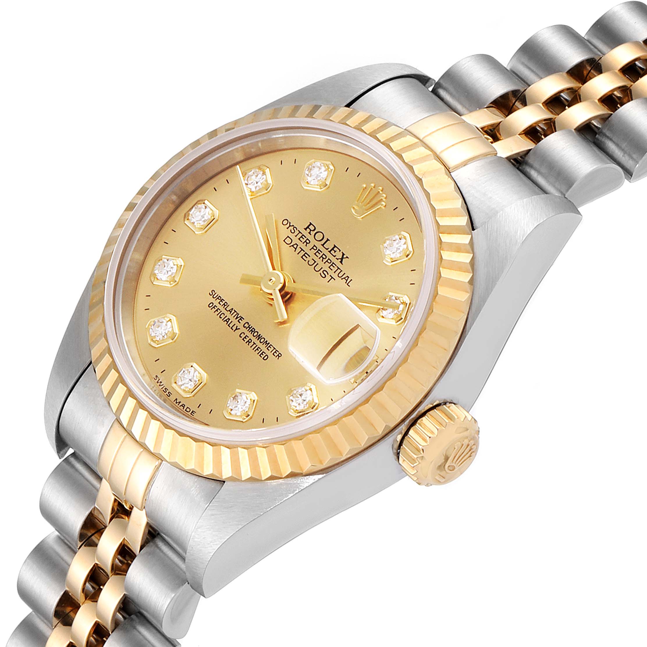 This image shows the Rolex Datejust 79173 Women's Steel and Gold (two tone) Champagne Dial 79173 Women's Steel and Gold (two tone) Champagne Dial watch at an angle, highlighting the dial, fluted bezel, and part of the bracelet.