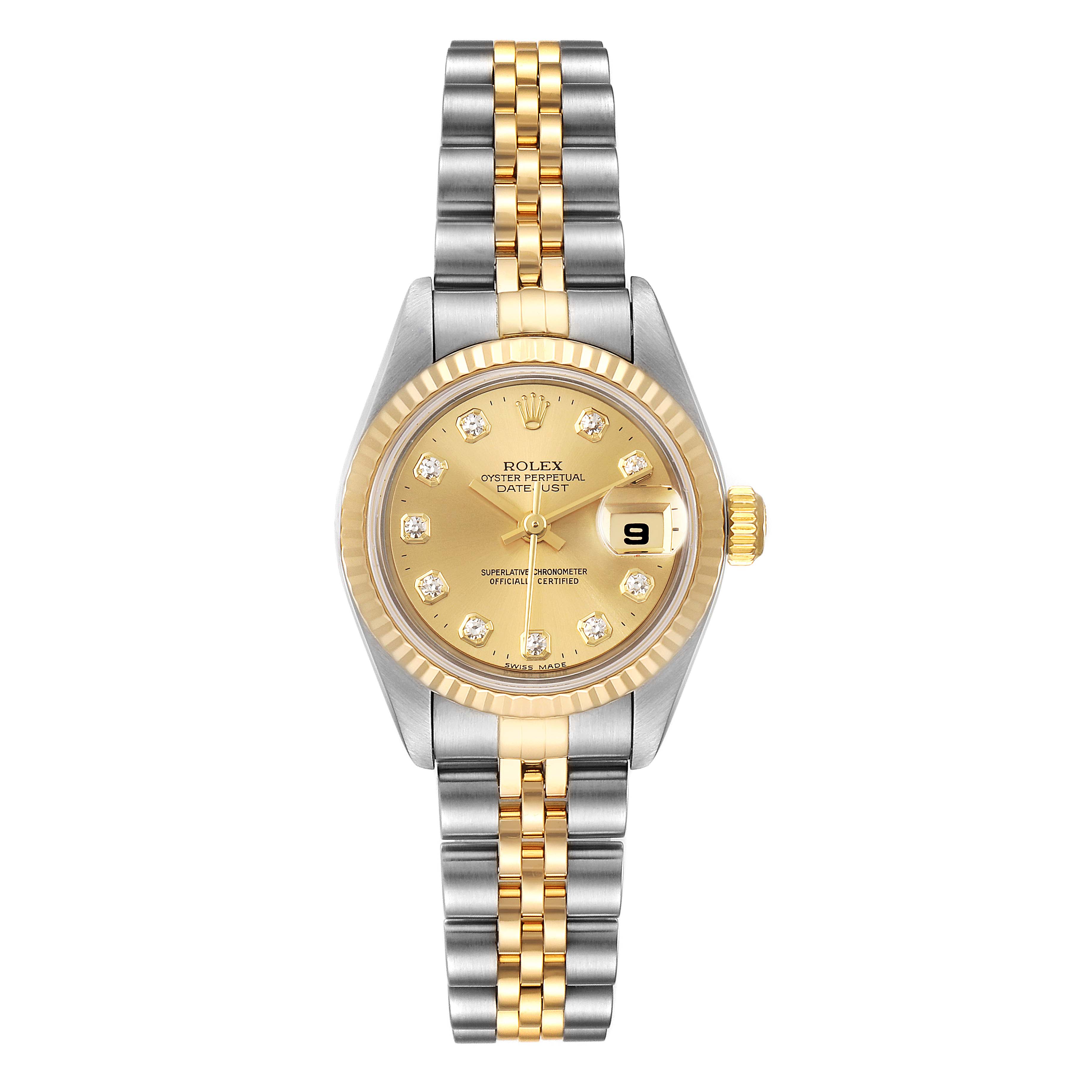 The image shows a front view of a Rolex Datejust 79173 Women's Steel and Gold (two tone) Champagne Dial 79173 Women's Steel and Gold (two tone) Champagne Dial watch, displaying the dial, case, bezel, and two-tone bracelet.