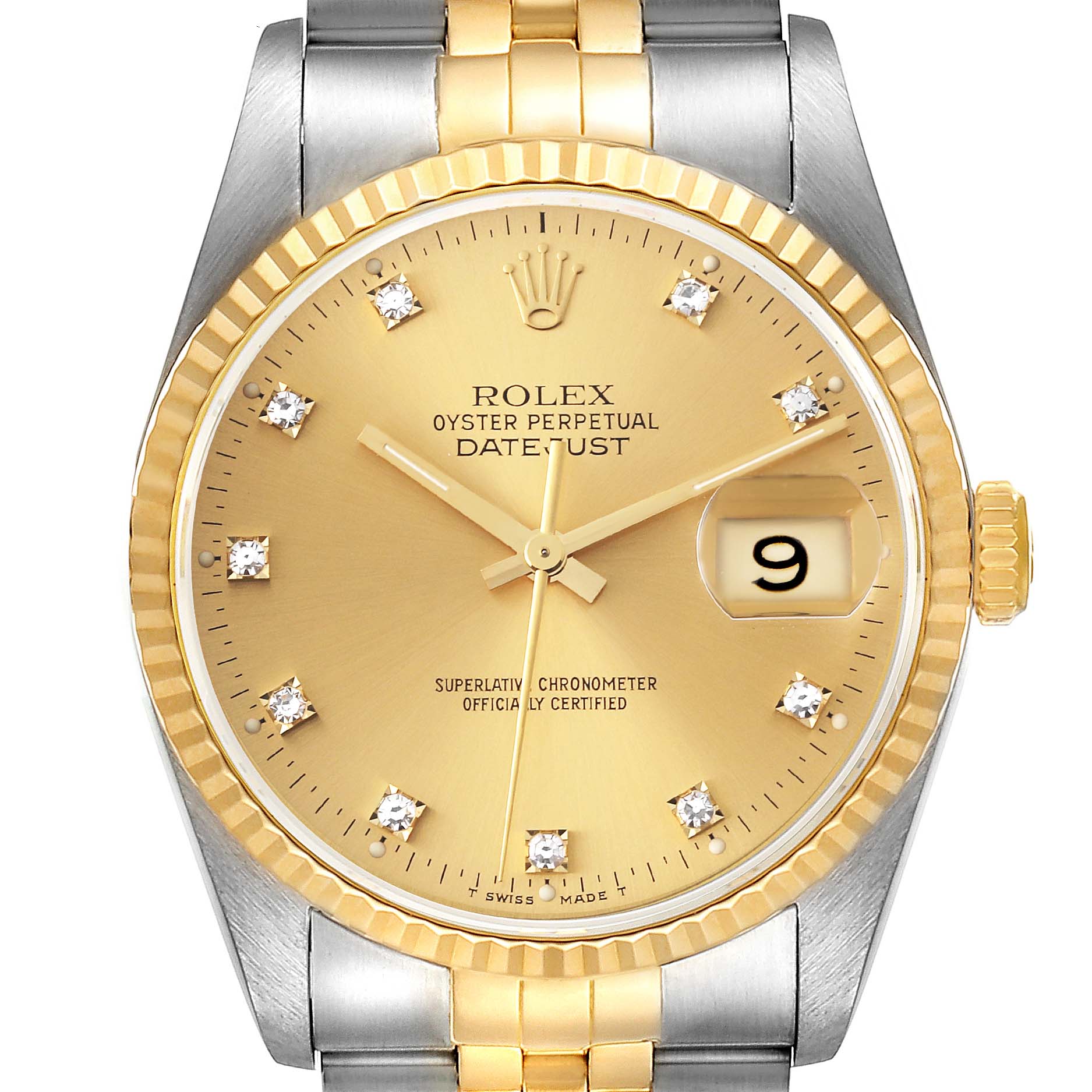 The image shows a frontal view of a Rolex Datejust 16233 Men's Steel and Gold (two tone) Champagne Dial 16233 Men's Steel and Gold (two tone) Champagne Dial watch, highlighting the dial, hands, date window, and part of the bracelet.