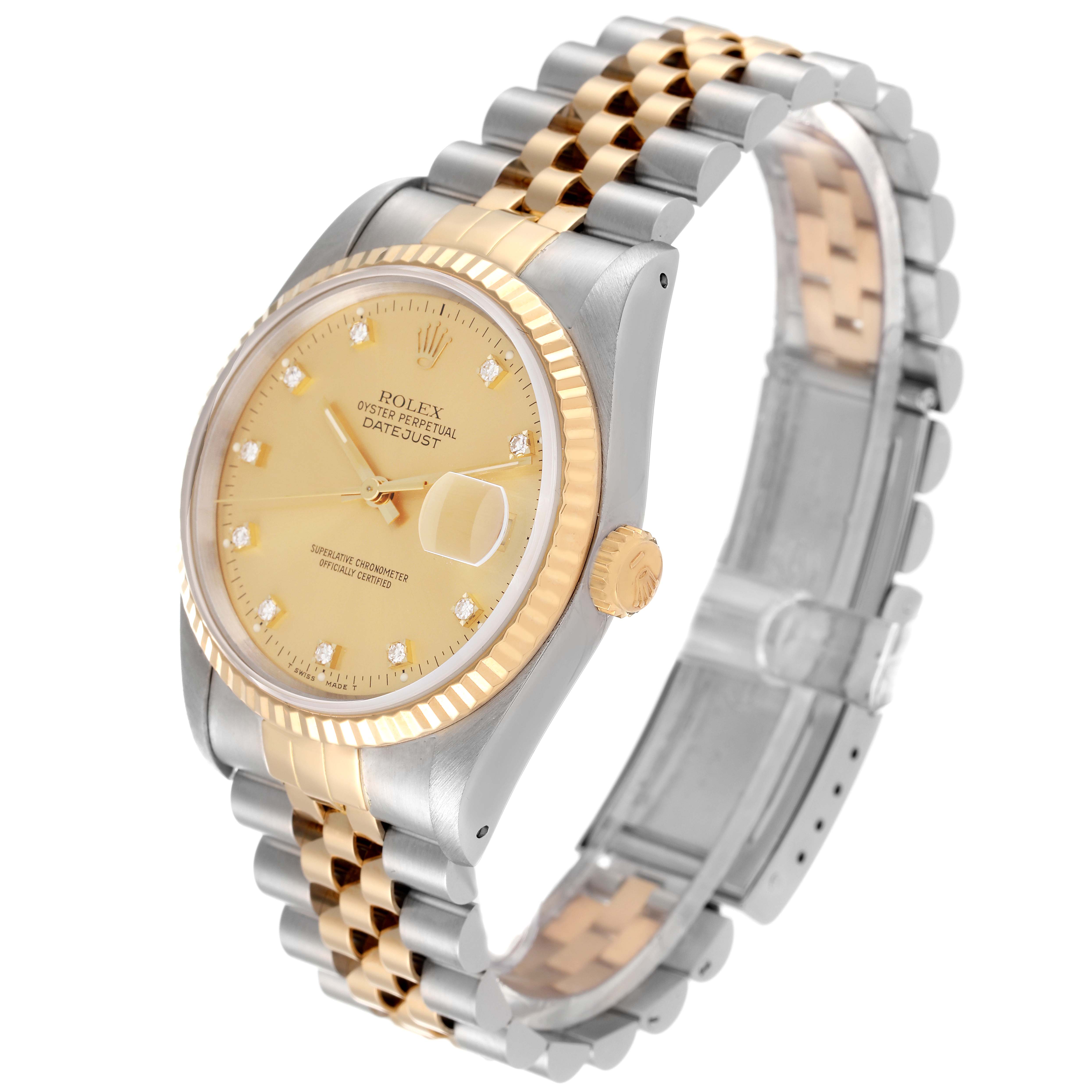 The image shows a Rolex Datejust 16233 Men's Steel and Gold (two tone) Champagne Dial 16233 Men's Steel and Gold (two tone) Champagne Dial watch at an angled side view highlighting the dial, bezel, crown, and jubilee bracelet.