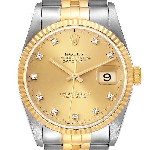 This Rolex Datejust watch is shown from a front angle, highlighting the dial, fluted bezel, two-tone bracelet, and date display.