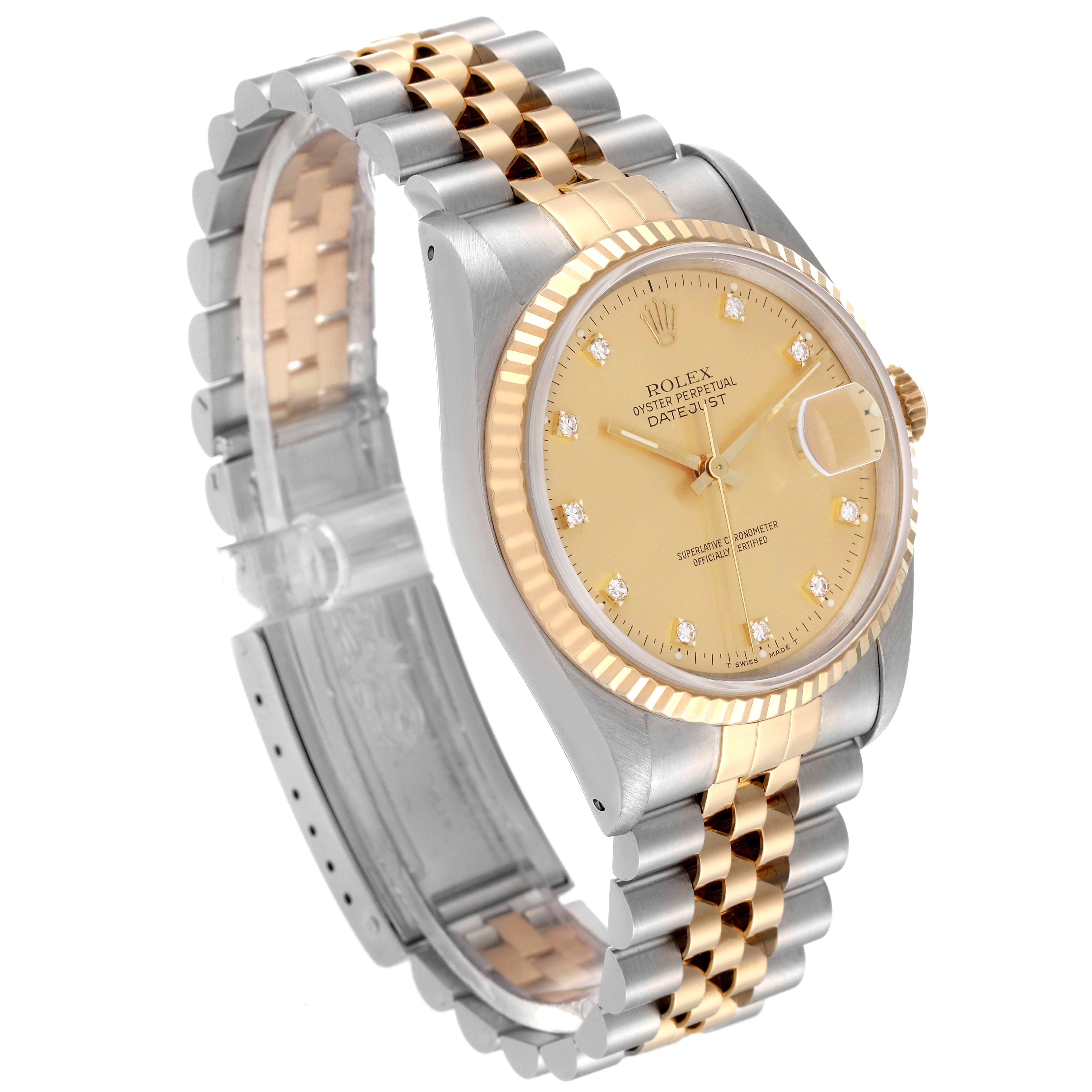The Rolex Datejust 16233 Men's Steel and Gold (two tone) Champagne Dial 16233 Men's Steel and Gold (two tone) Champagne Dial watch is shown from a three-quarter angle, highlighting its two-tone bracelet, fluted bezel, and champagne dial.