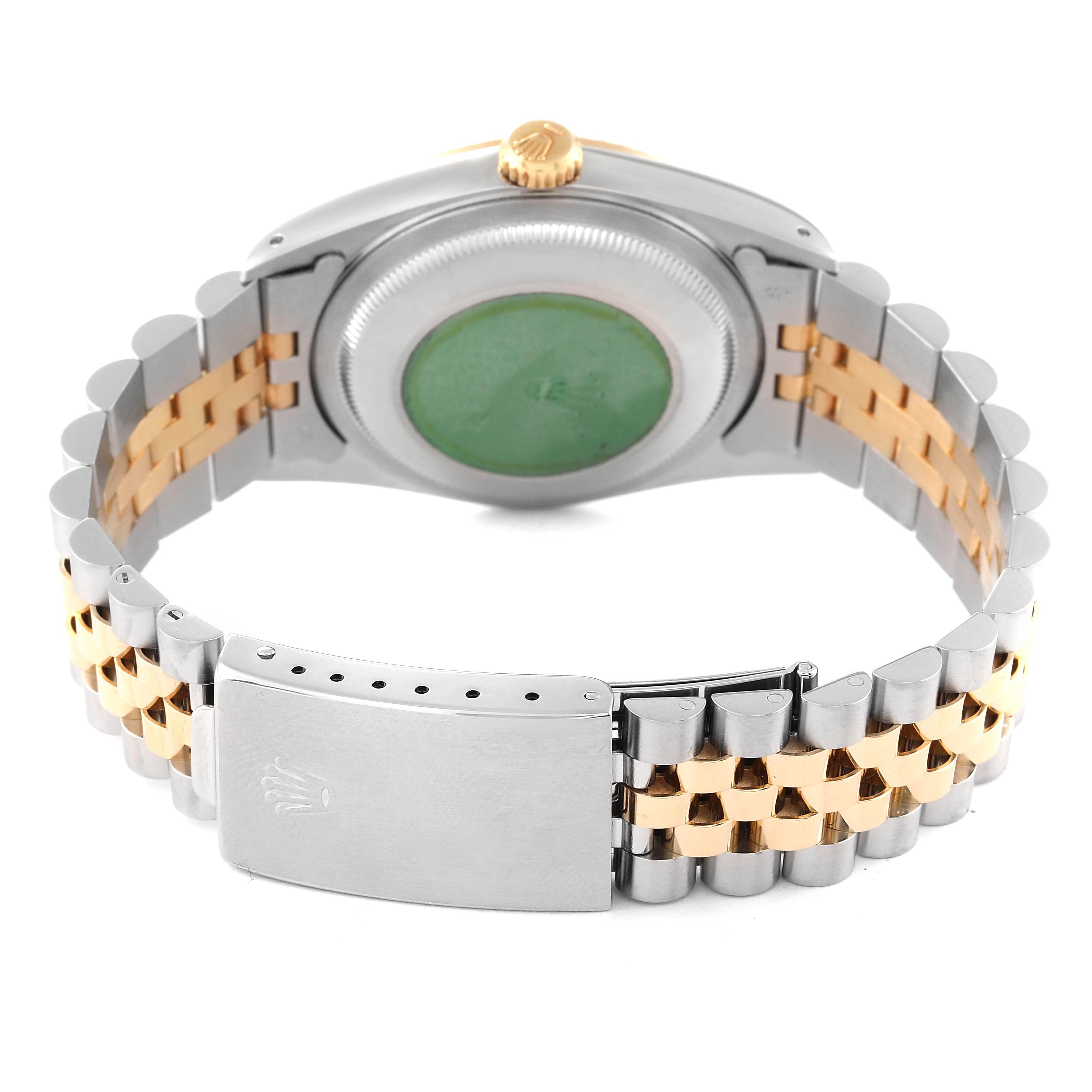 This image shows the back view of a Rolex Datejust 16233 Men's Steel and Gold (two tone) Champagne Dial 16233 Men's Steel and Gold (two tone) Champagne Dial watch, focusing on the clasp and back of the case.