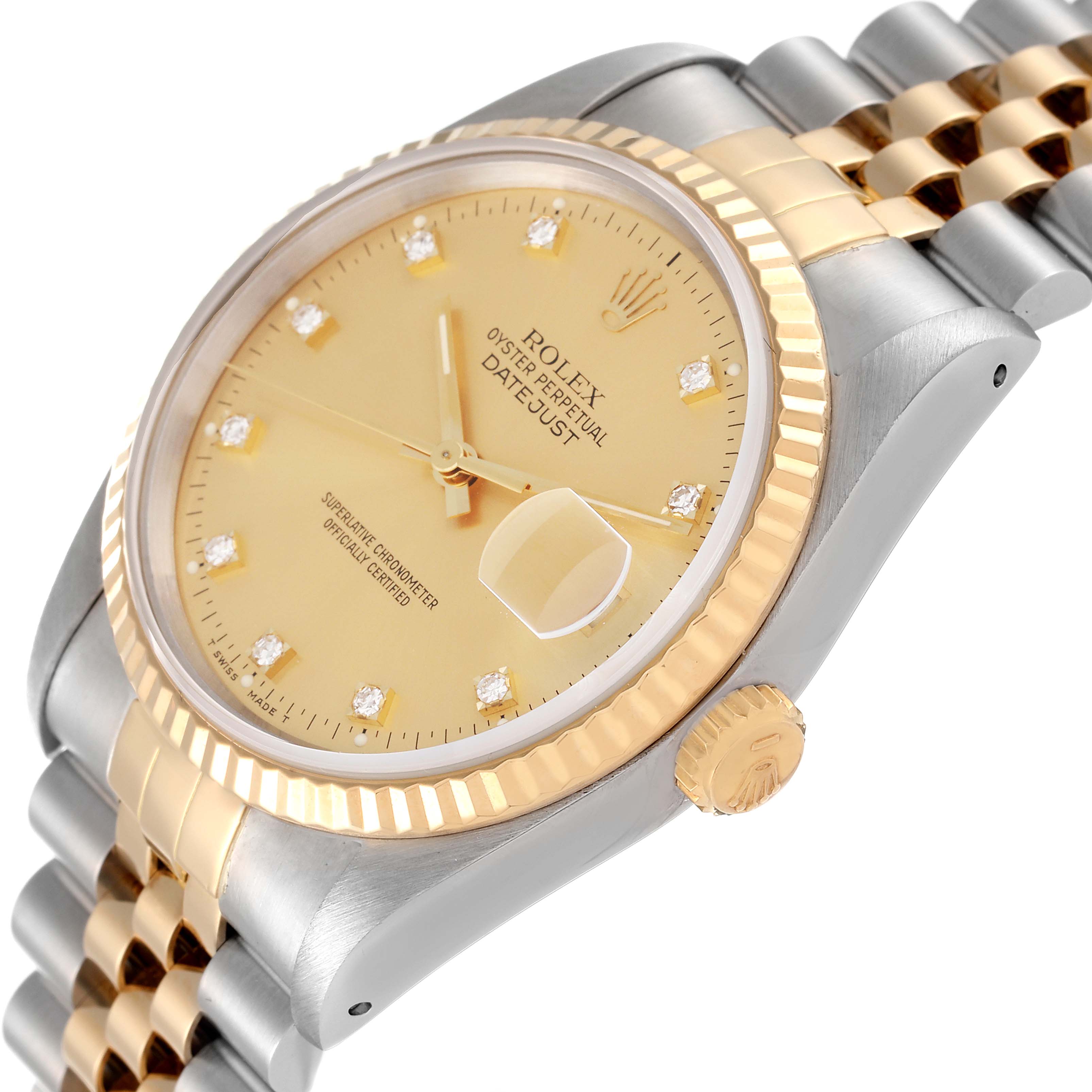 The image shows a Rolex Datejust 16233 Men's Steel and Gold (two tone) Champagne Dial 16233 Men's Steel and Gold (two tone) Champagne Dial watch in a close-up angle, highlighting the dial, bezel, crown, and part of the bracelet.