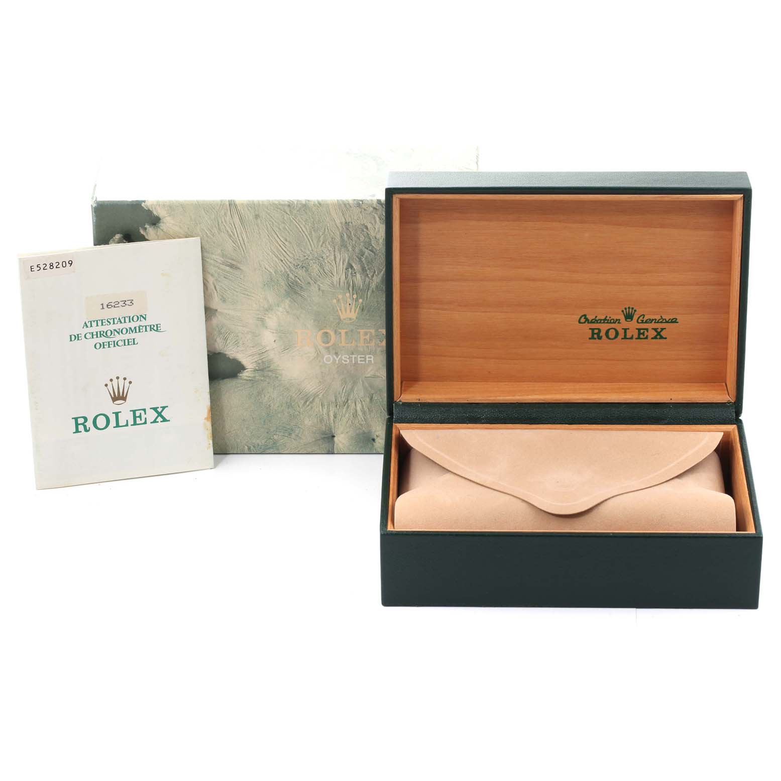 The image shows a Rolex Datejust 16233 Men's Steel and Gold (two tone) Champagne Dial 16233 Men's Steel and Gold (two tone) Champagne Dial watch box, a certificate booklet, and the outer packaging, all viewed from a front angle.