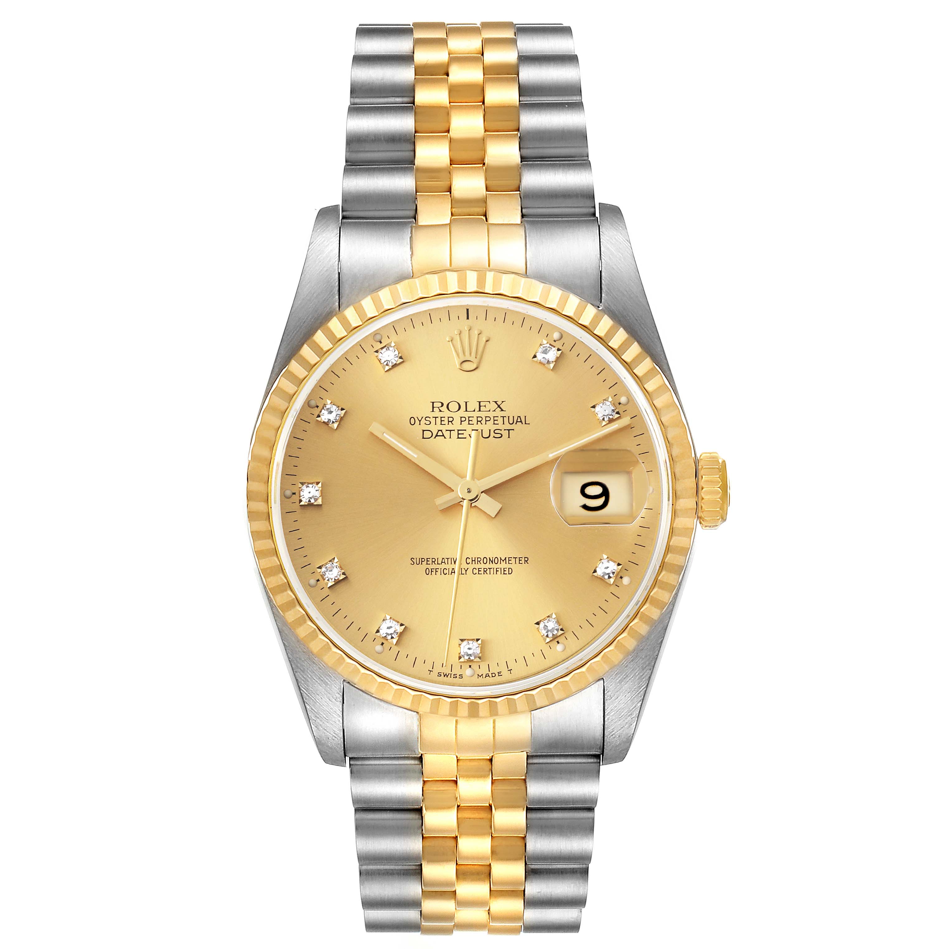 The Rolex Datejust 16233 Men's Steel and Gold (two tone) Champagne Dial 16233 Men's Steel and Gold (two tone) Champagne Dial watch is shown from a front angle, displaying its gold dial, fluted bezel, and two-tone bracelet.