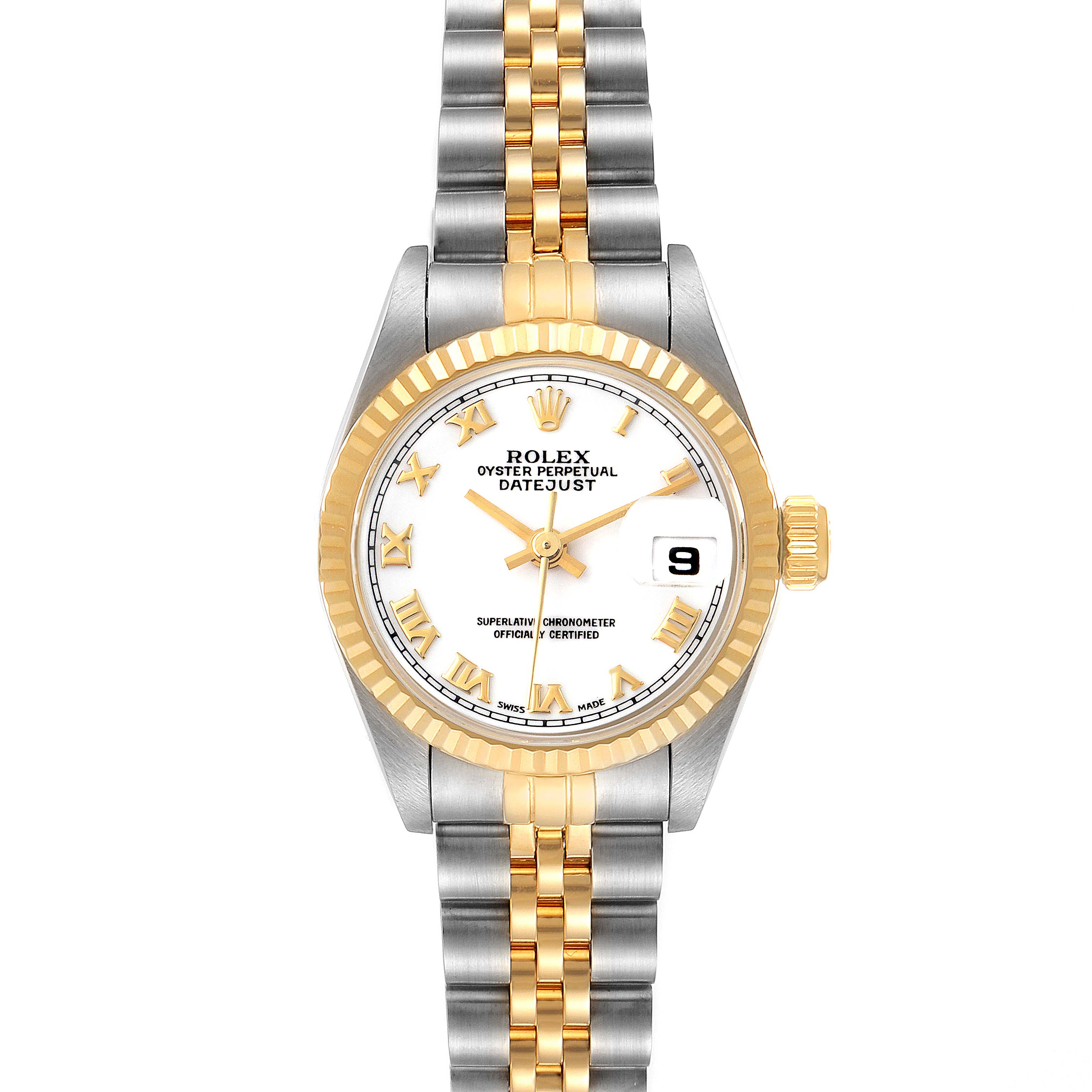 This image shows a frontal view of a Rolex Datejust 69173 Women
s Stainless Steel White Dial 69173 Women
s Stainless Steel White Dial watch, highlighting its dial, bezel, and Jubilee bracelet.