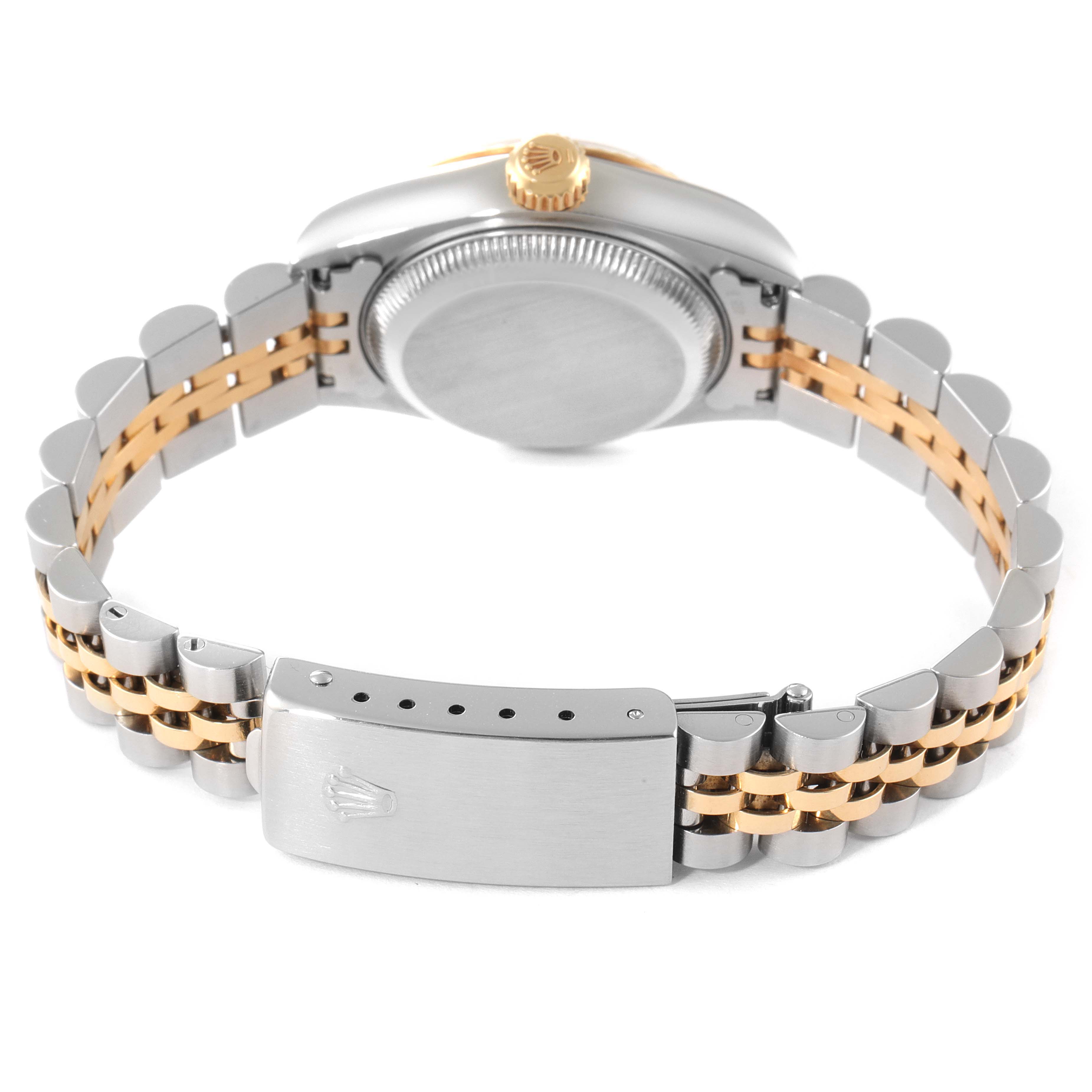 This image shows the back of a Rolex Datejust 69173 Women
s Stainless Steel White Dial 69173 Women
s Stainless Steel White Dial watch model, focusing on the case back and two-tone bracelet with the clasp.