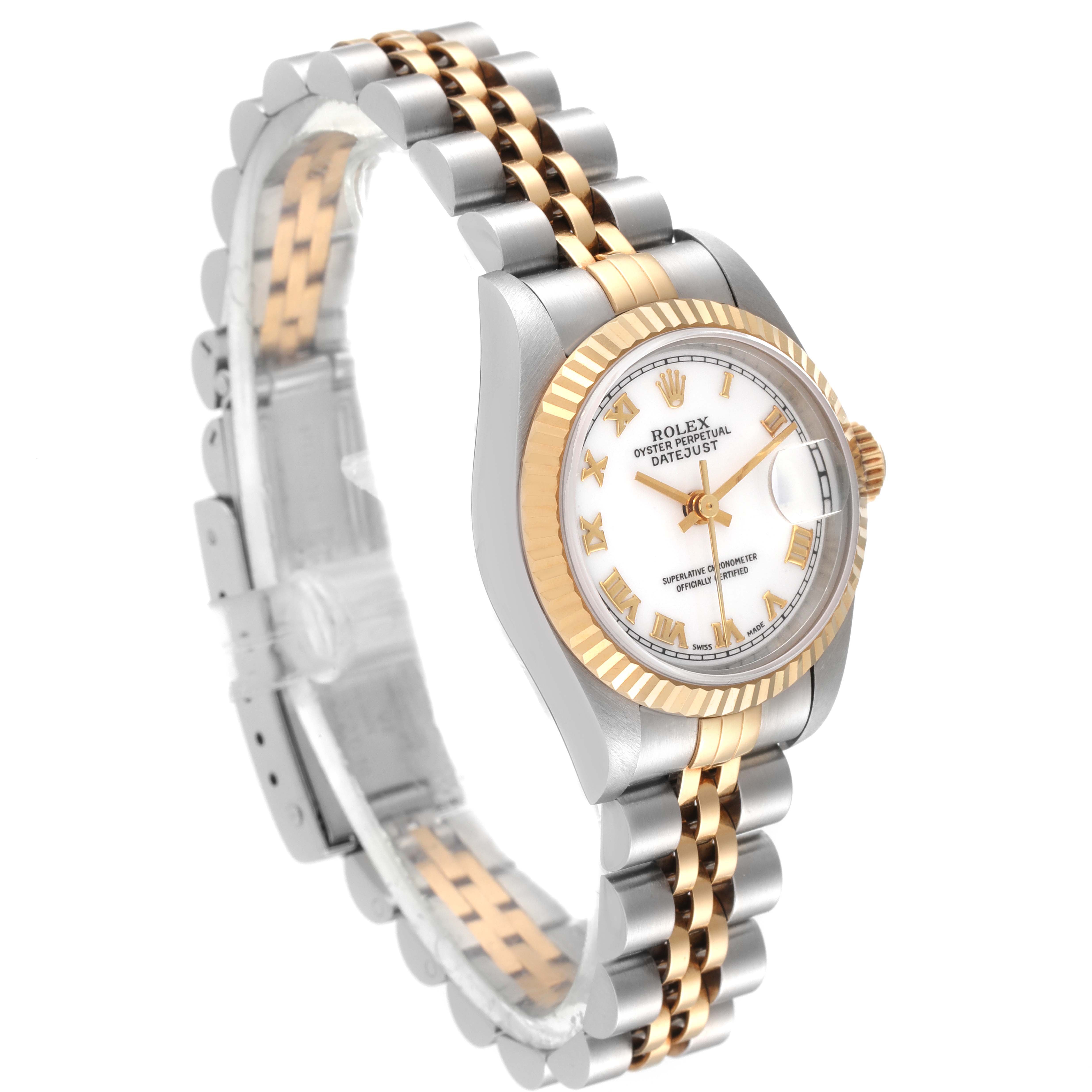The image shows a Rolex Datejust 69173 Women
s Stainless Steel White Dial 69173 Women
s Stainless Steel White Dial watch angled to highlight the gold and silver two-tone bracelet and the white dial with gold accents.