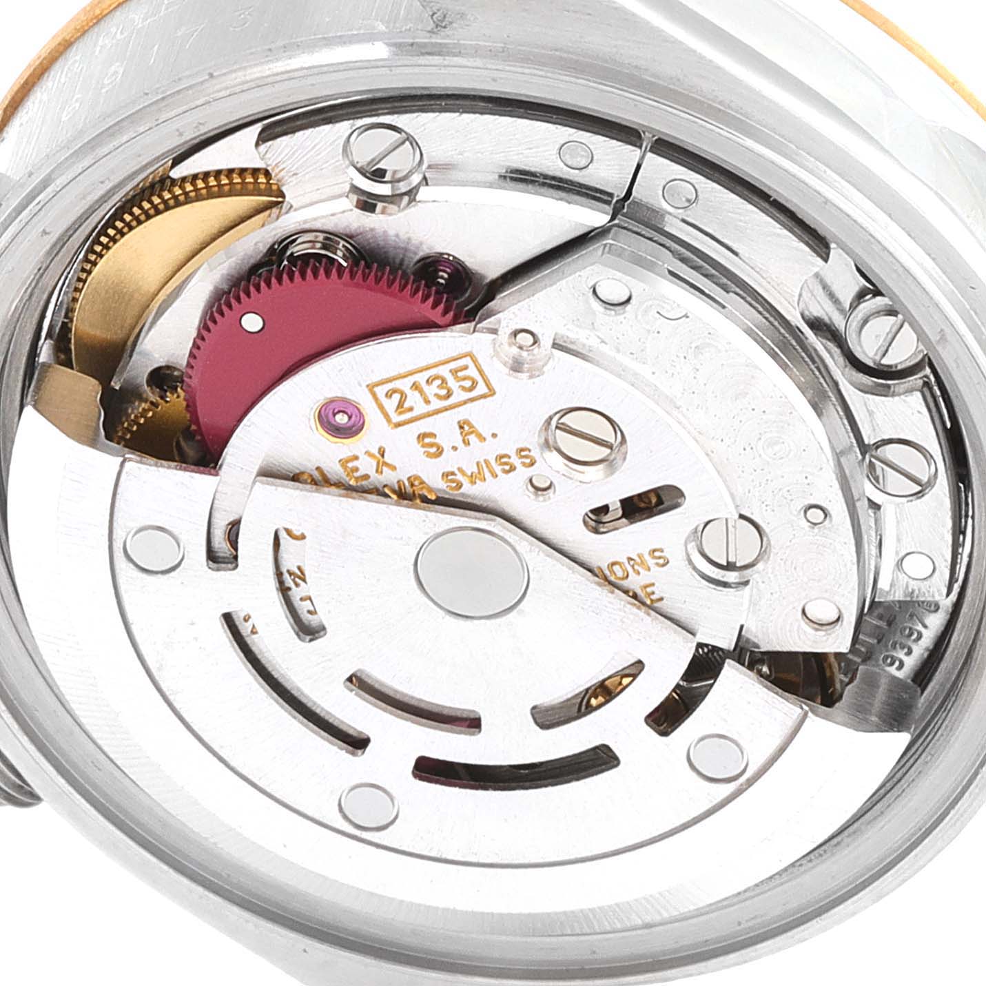 This image shows the inner mechanics and movement of a Rolex Datejust 69173 Women
s Stainless Steel White Dial 69173 Women
s Stainless Steel White Dial watch, viewed from the back.