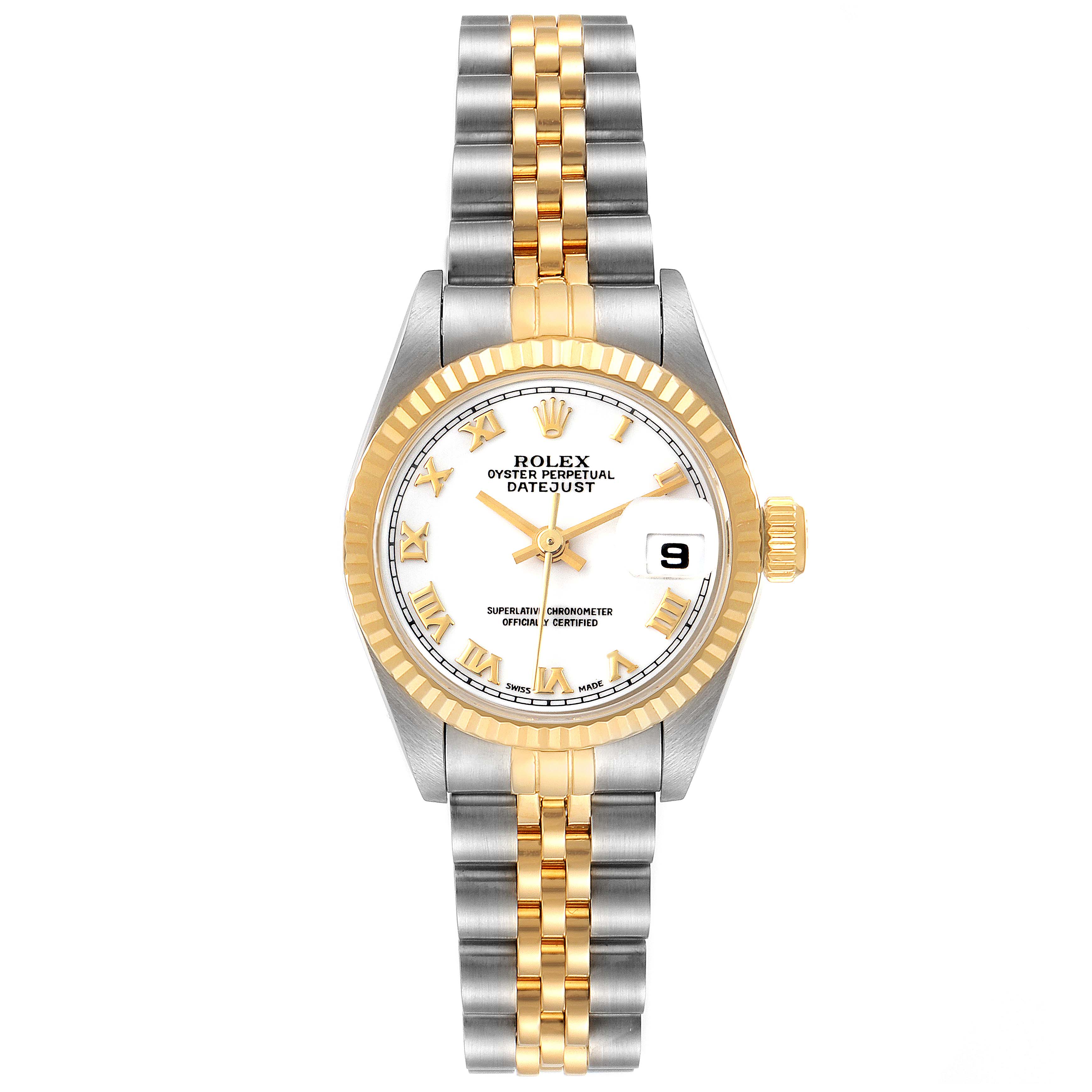 The image shows a frontal view of a Rolex Datejust 69173 Women
s Stainless Steel White Dial 69173 Women
s Stainless Steel White Dial, highlighting its two-tone bracelet, white dial, and gold fluted bezel.