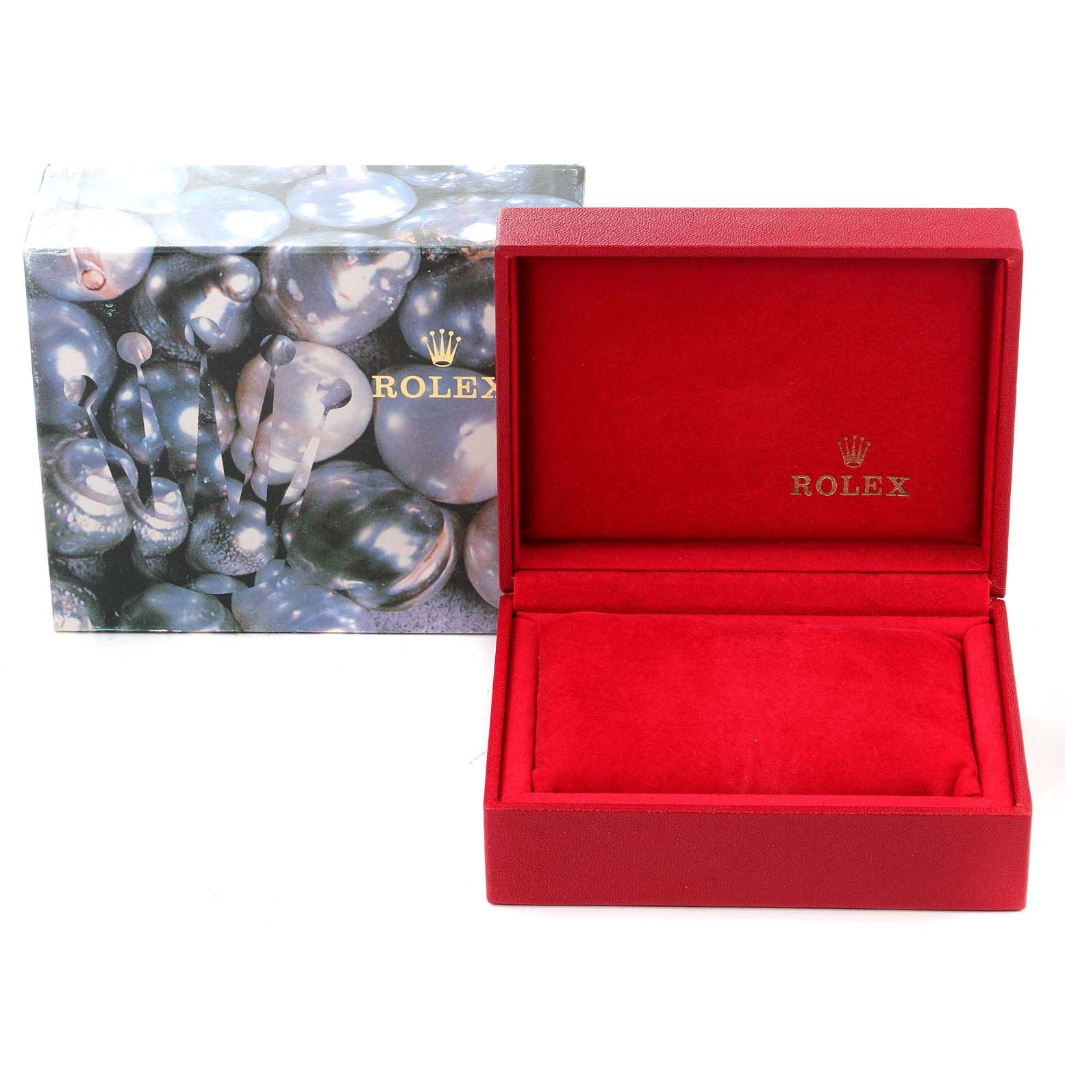 The image shows the open red box and outer packaging for a Rolex Datejust 69173 Women
s Stainless Steel White Dial 69173 Women
s Stainless Steel White Dial watch, with the Rolex logo visible.