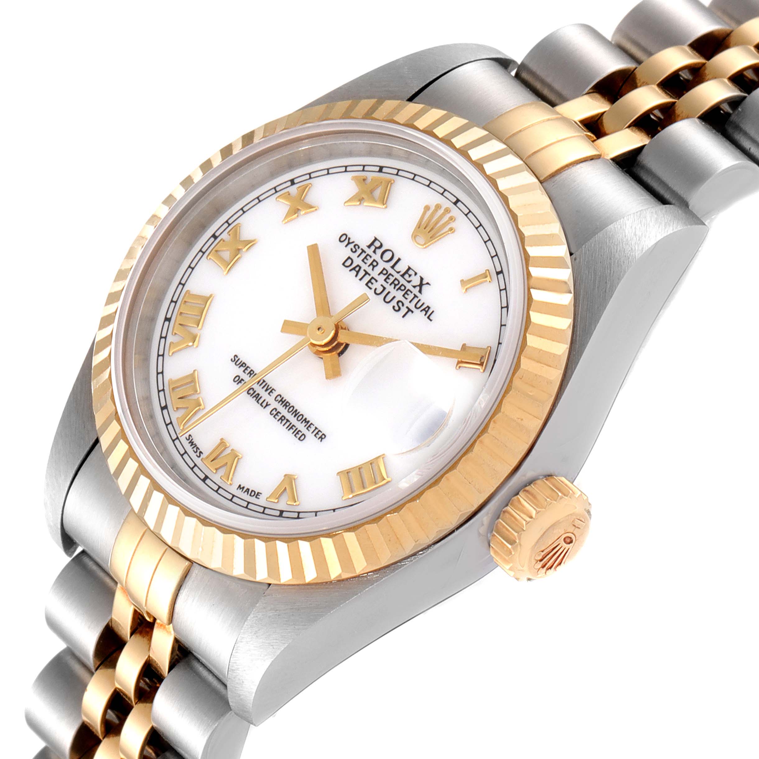 The image shows a Rolex Datejust 69173 Women
s Stainless Steel White Dial 69173 Women
s Stainless Steel White Dial watch angled slightly from the side, highlighting the dial, bezel, crown, and part of the bracelet.