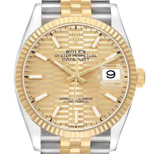 The Rolex Datejust 126233 Men's Steel and Gold (two tone) Champagne Dial is shown from the front, highlighting its gold and silver bracelet, dial, and date magnifier.