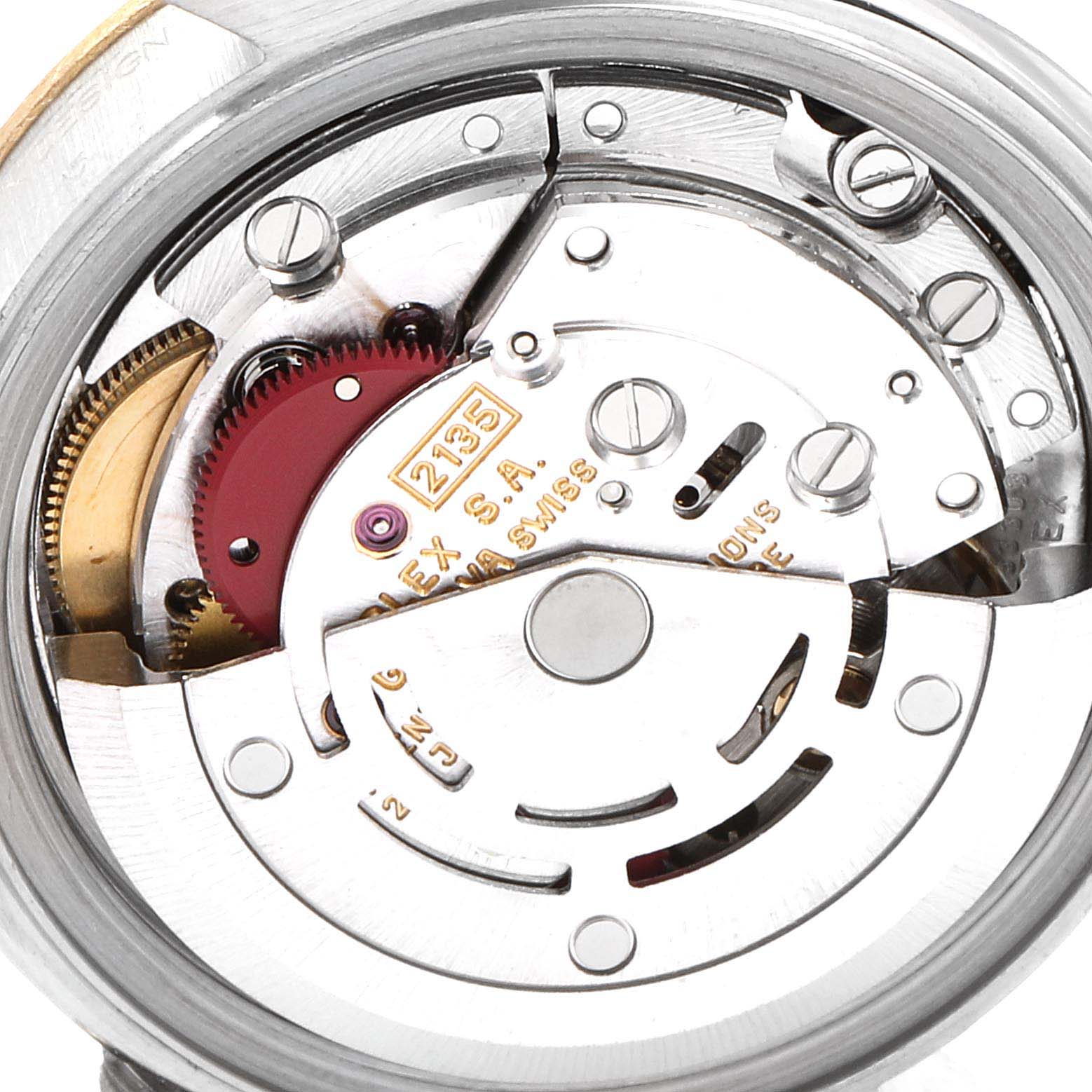 The image shows a close-up of the movement mechanism of a Rolex Datejust 69173 Women's Steel and Gold (two tone) Beige Dial 69173 Women's Steel and Gold (two tone) Beige Dial watch.
