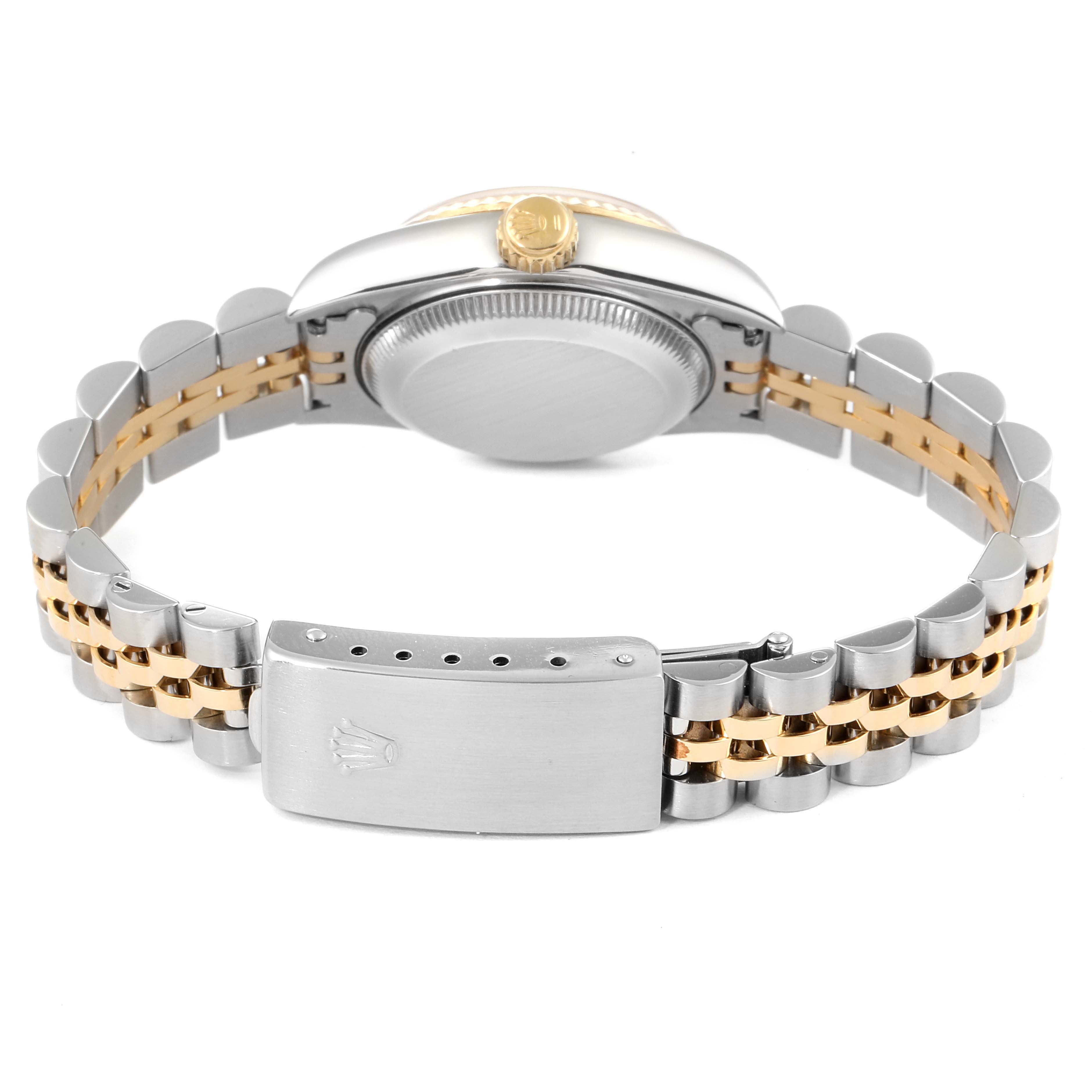 The image shows the back view of a Rolex Datejust 69173 Women's Steel and Gold (two tone) Beige Dial 69173 Women's Steel and Gold (two tone) Beige Dial watch, highlighting the bracelet and clasp.
