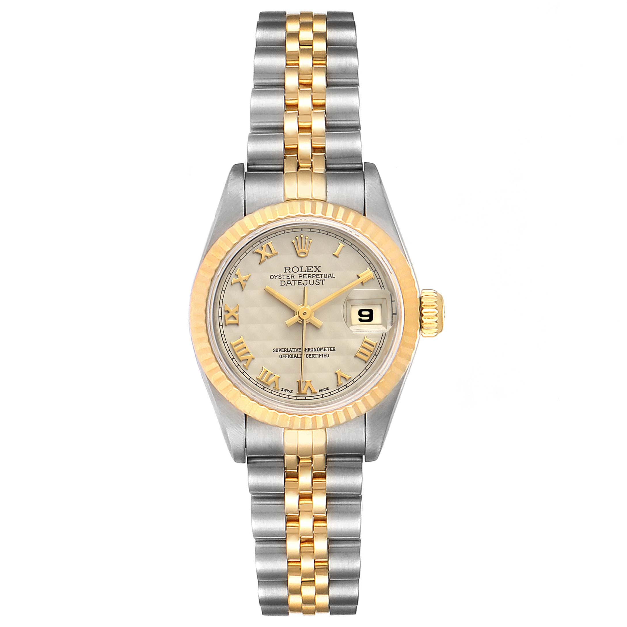 This image shows a front view of a Rolex Datejust 69173 Women's Steel and Gold (two tone) Beige Dial 69173 Women's Steel and Gold (two tone) Beige Dial watch, highlighting its two-tone bracelet, face, and date window.