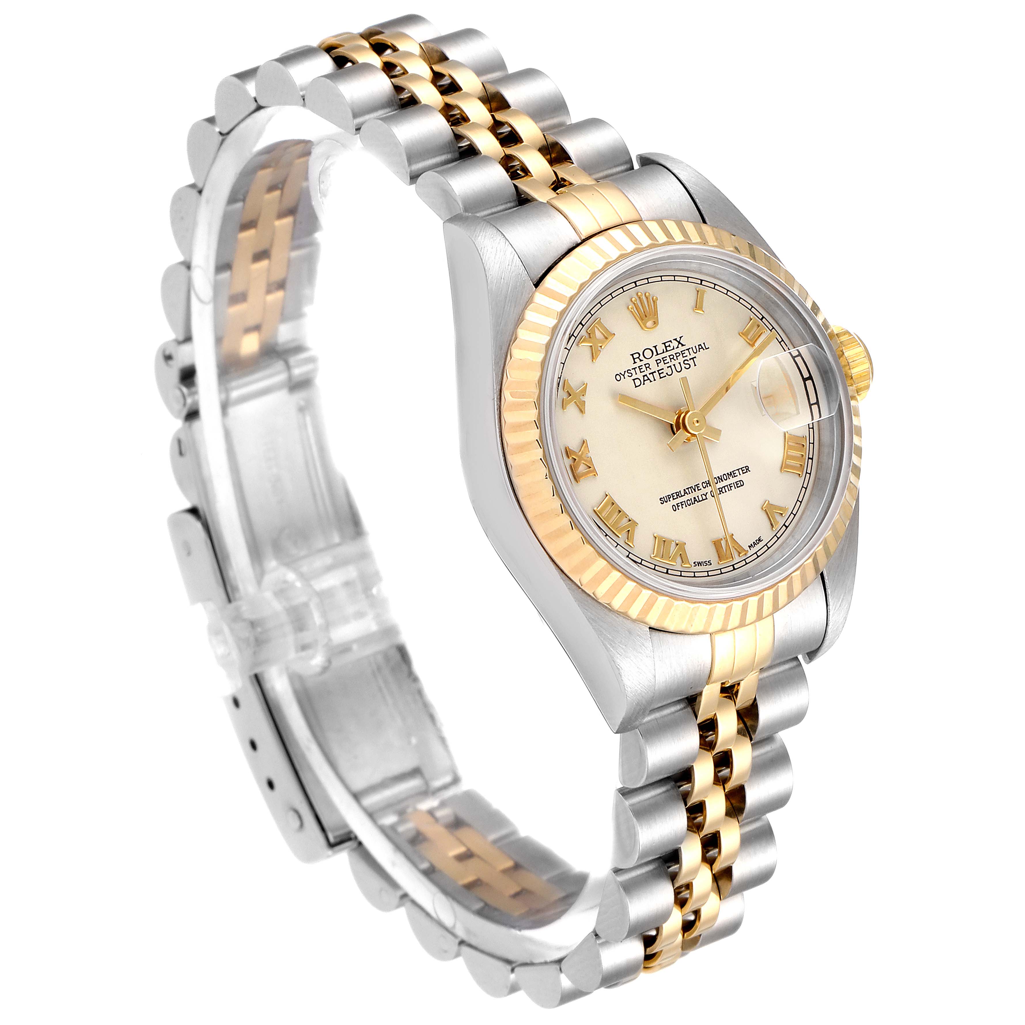 This image shows a side-angle view of a Rolex Datejust 69173 Women's Steel and Gold (two tone) Beige Dial 69173 Women's Steel and Gold (two tone) Beige Dial watch, highlighting its two-tone bracelet and fluted bezel.