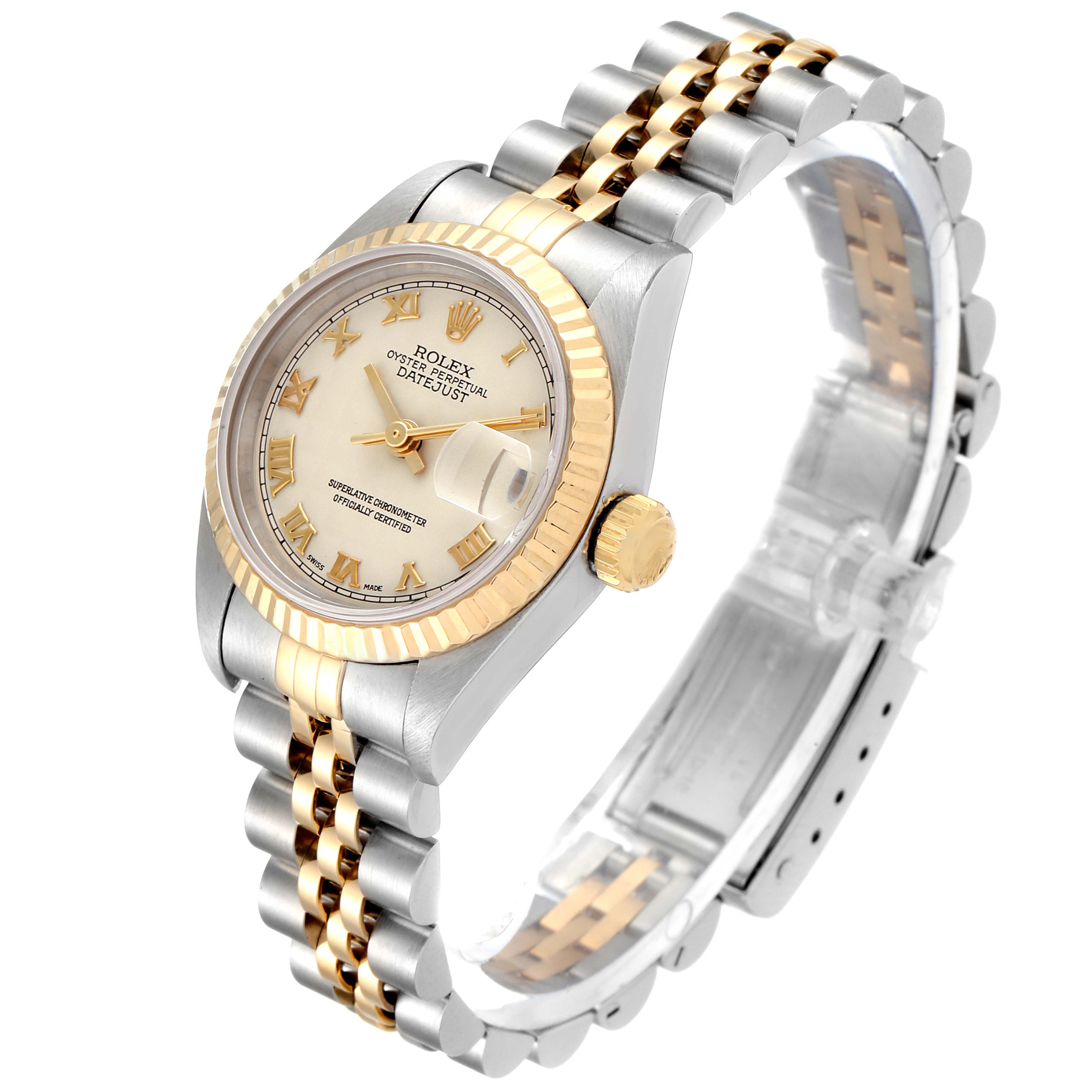 The image shows a Rolex Datejust 69173 Women's Steel and Gold (two tone) Beige Dial 69173 Women's Steel and Gold (two tone) Beige Dial watch displayed at an angle highlighting the dial, fluted bezel, and Jubilee bracelet.