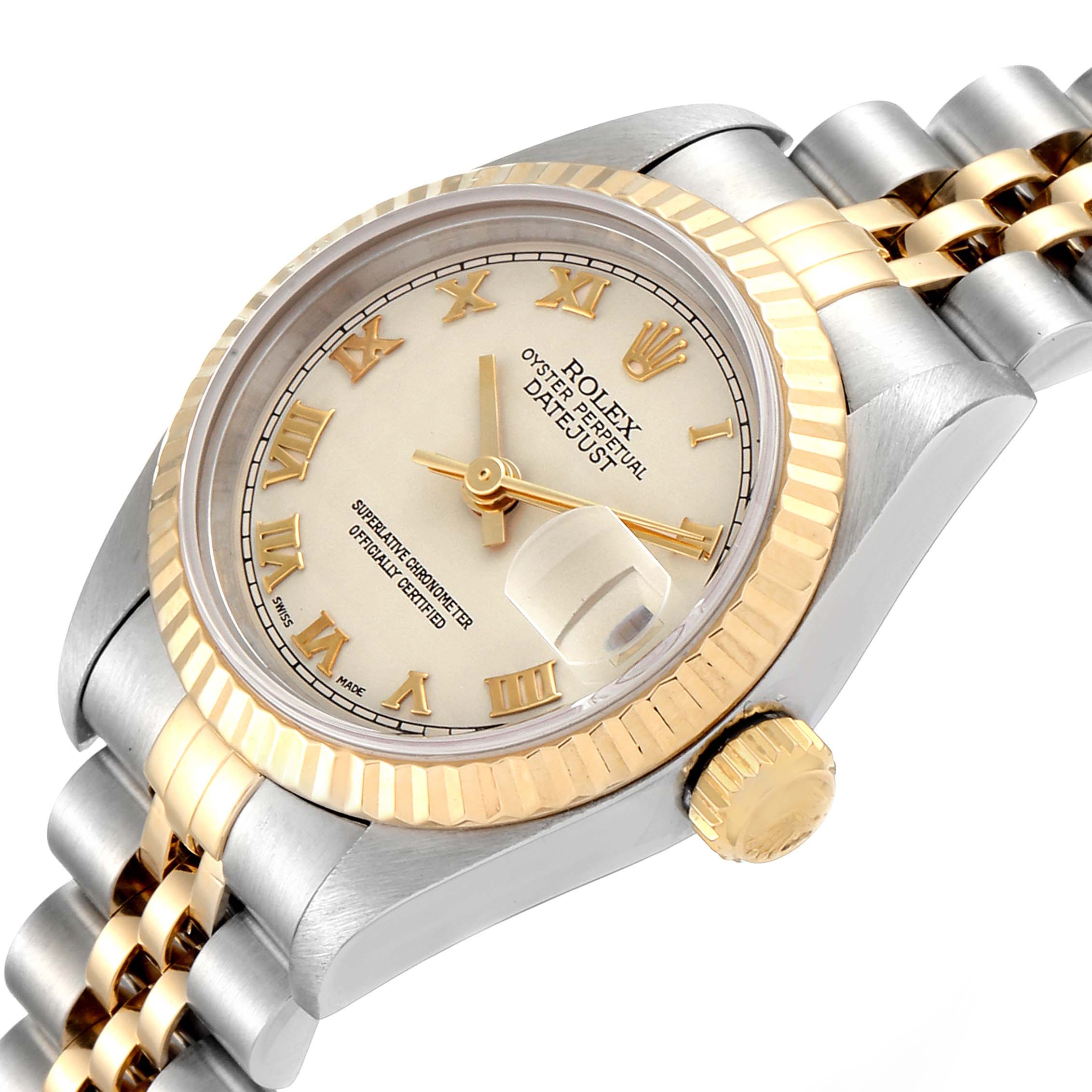 This image shows a Rolex Datejust 69173 Women's Steel and Gold (two tone) Beige Dial 69173 Women's Steel and Gold (two tone) Beige Dial watch at an angled view, highlighting the dial, bezel, and part of the bracelet.