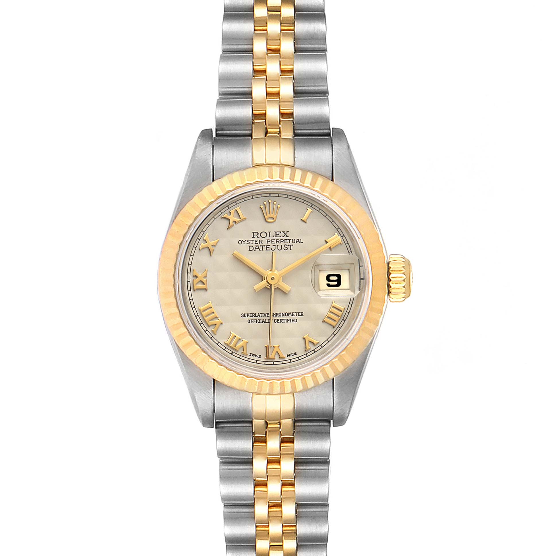 This image shows a frontal view of a Rolex Datejust 69173 Women's Steel and Gold (two tone) Beige Dial 69173 Women's Steel and Gold (two tone) Beige Dial watch, displaying its dial, bezel, and bracelet.