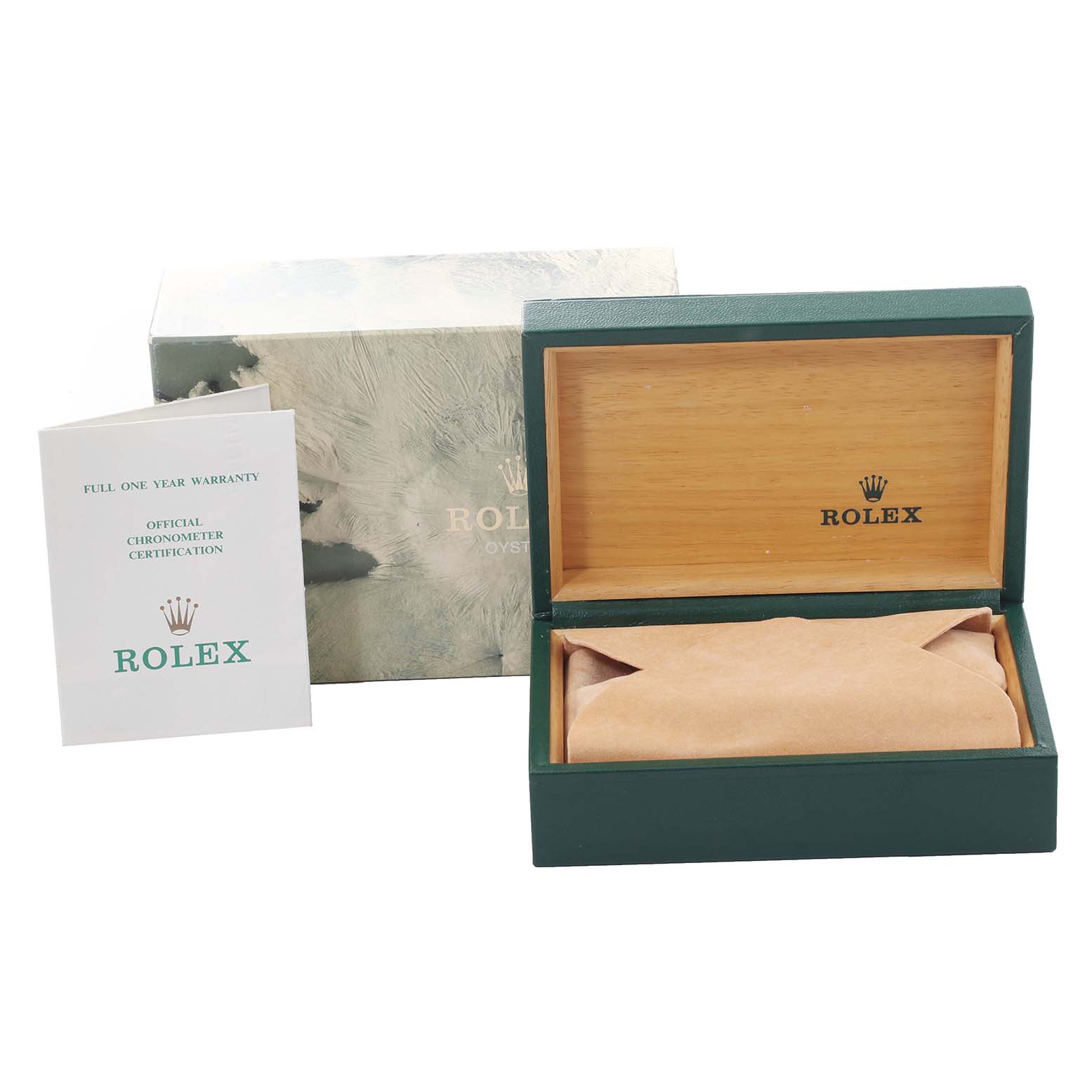 The image shows a Rolex Datejust 16233 Men's Steel and Gold (two tone) Silver Dial 16233 Men's Steel and Gold (two tone) Silver Dial watch box, warranty card, chronometer certification, and outer packaging.