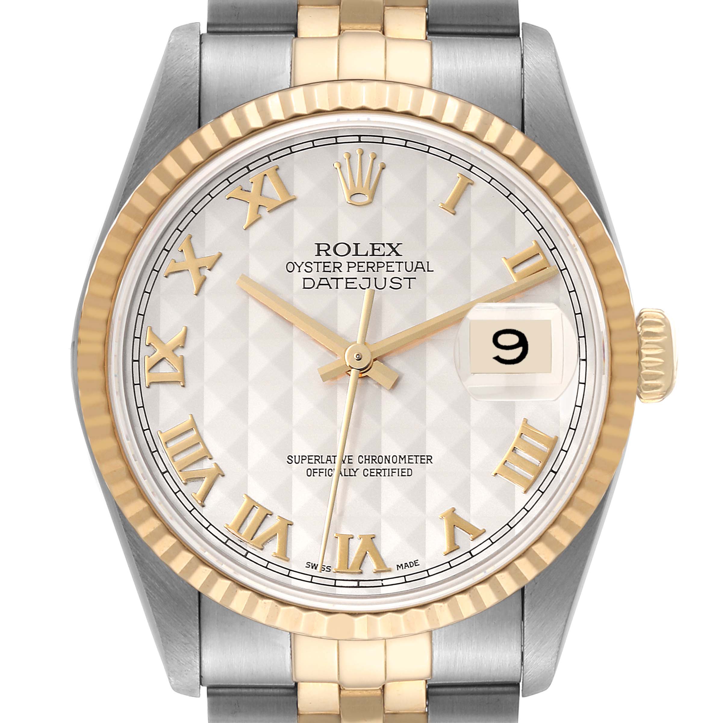 The Rolex Datejust 16233 Men's Steel and Gold (two tone) Silver Dial 16233 Men's Steel and Gold (two tone) Silver Dial model watch is shown from a direct front angle, displaying its face, bezel, and part of the bracelet.