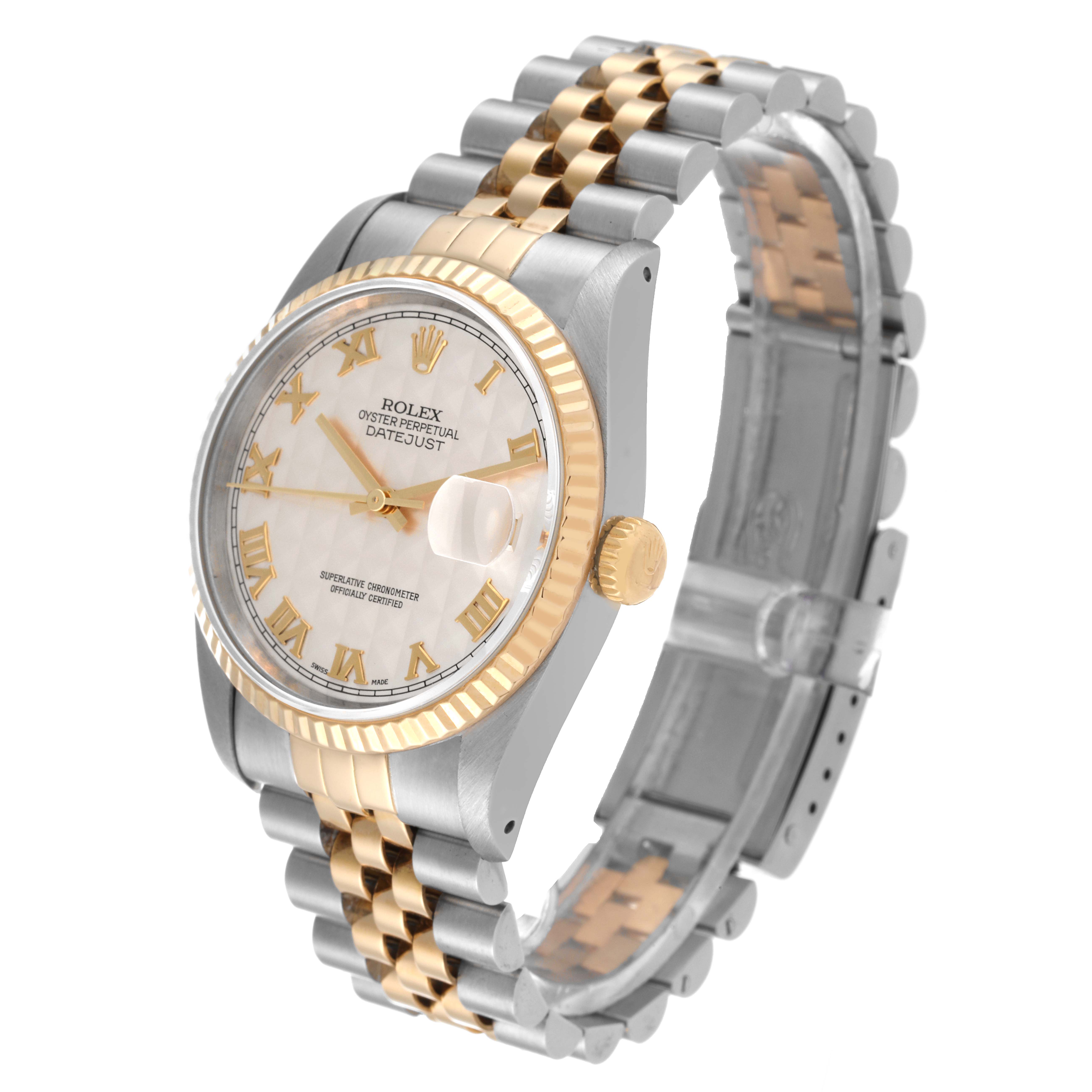 This image shows a Rolex Datejust 16233 Men's Steel and Gold (two tone) Silver Dial 16233 Men's Steel and Gold (two tone) Silver Dial watch angled from the front left, highlighting the dial, bezel, and two-tone bracelet.