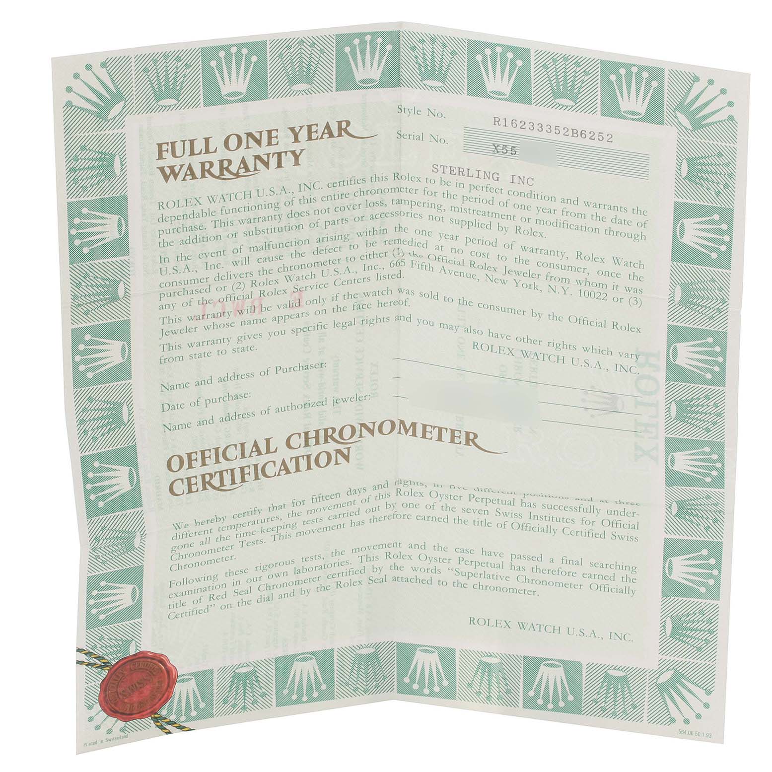 The image shows a Rolex warranty card and official chronometer certification for the Datejust model.