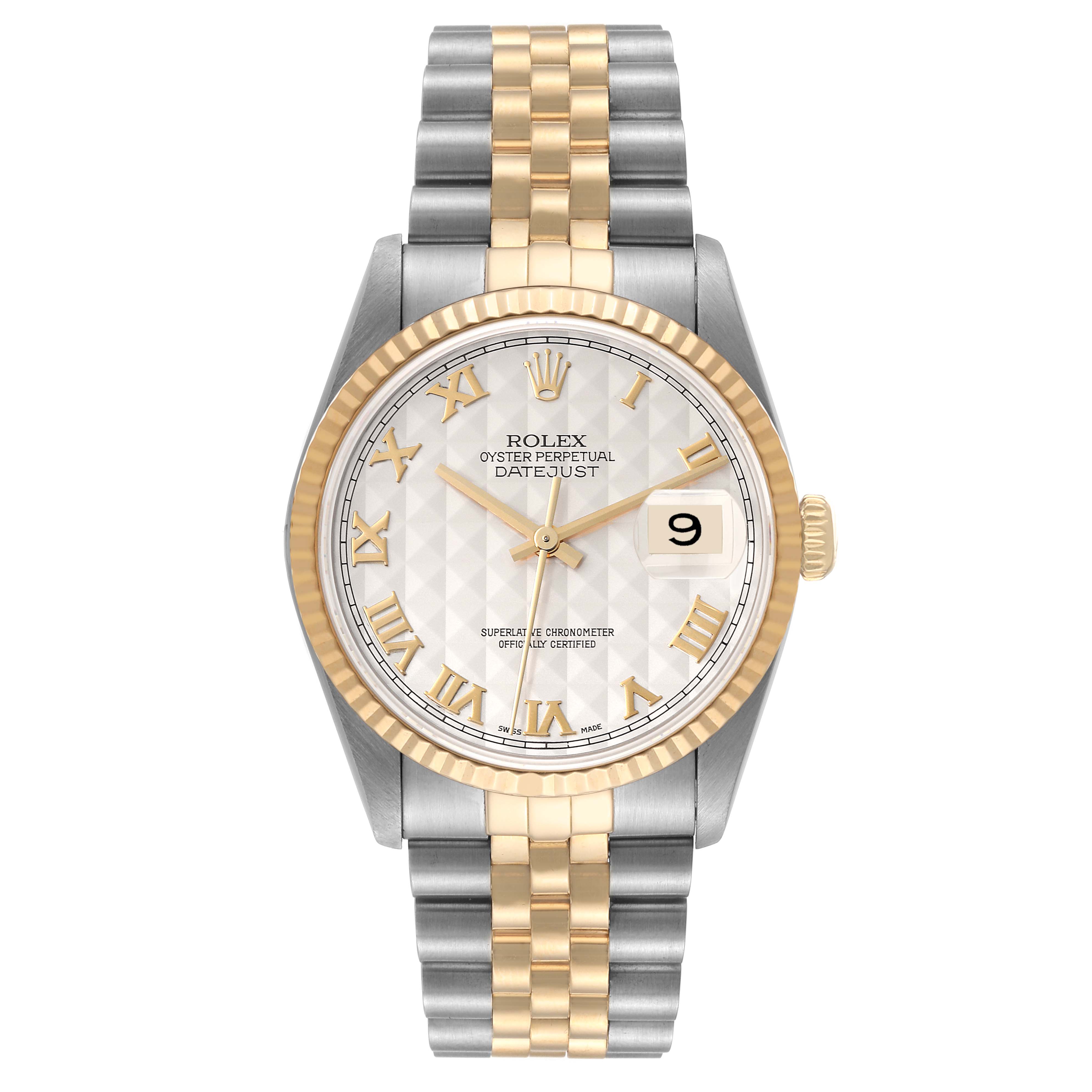 The Rolex Datejust 16233 Men's Steel and Gold (two tone) Silver Dial 16233 Men's Steel and Gold (two tone) Silver Dial watch is shown from a front view, displaying the face, two-tone bezel, and bracelet.