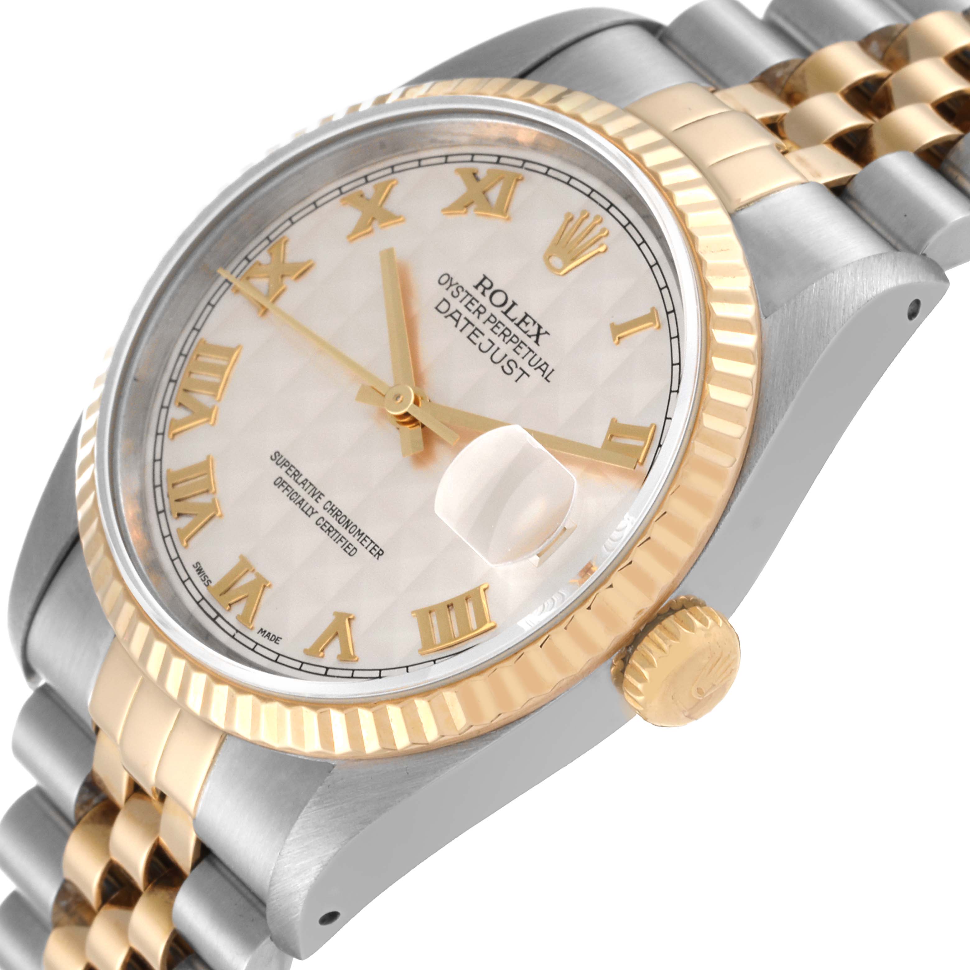 This image shows a close-up angled view of a Rolex Datejust 16233 Men's Steel and Gold (two tone) Silver Dial 16233 Men's Steel and Gold (two tone) Silver Dial watch, focusing on the face, crown, and partial bracelet.