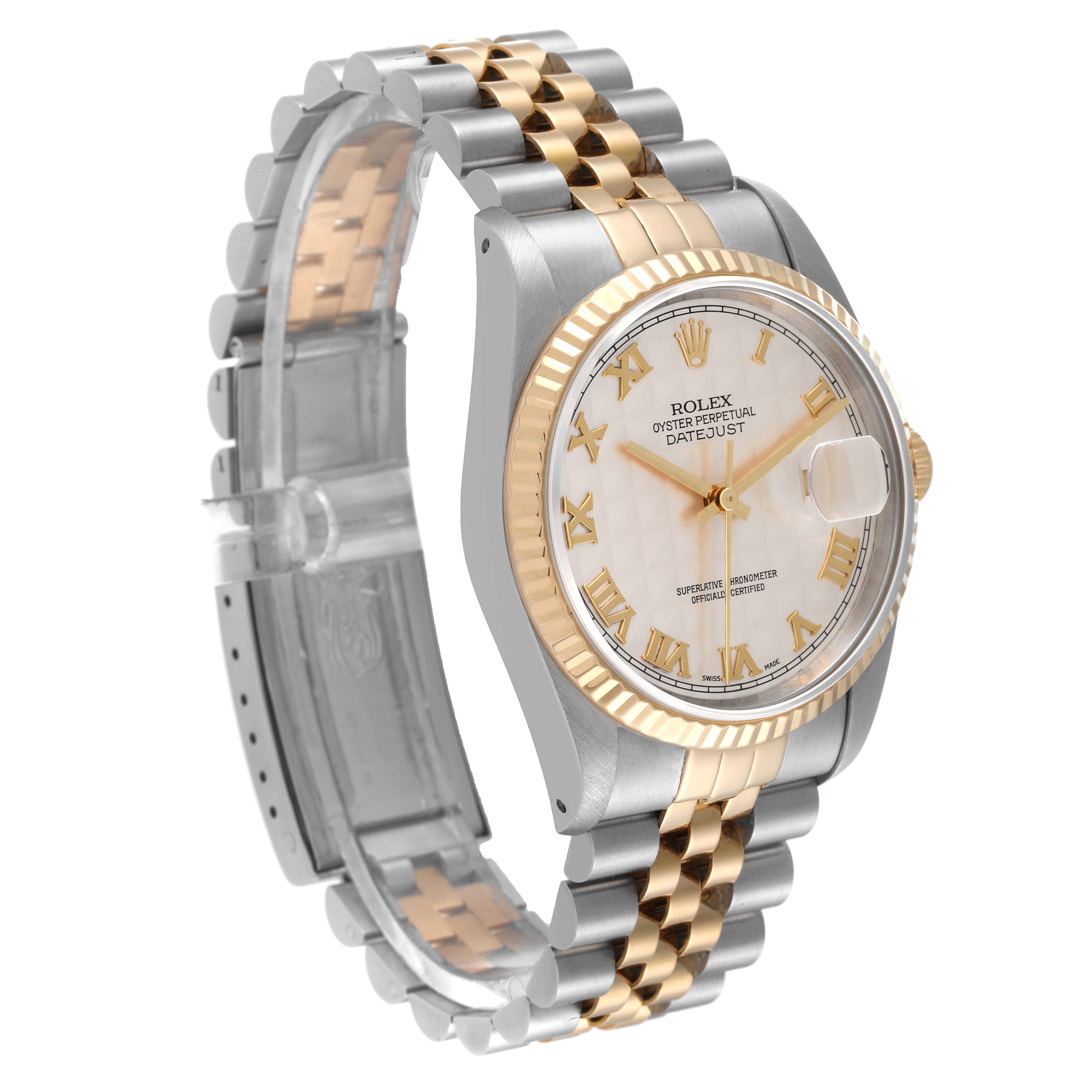 The Rolex Datejust 16233 Men's Steel and Gold (two tone) Silver Dial 16233 Men's Steel and Gold (two tone) Silver Dial watch is shown at an angle displaying its face, bezel, and two-tone jubilee bracelet.