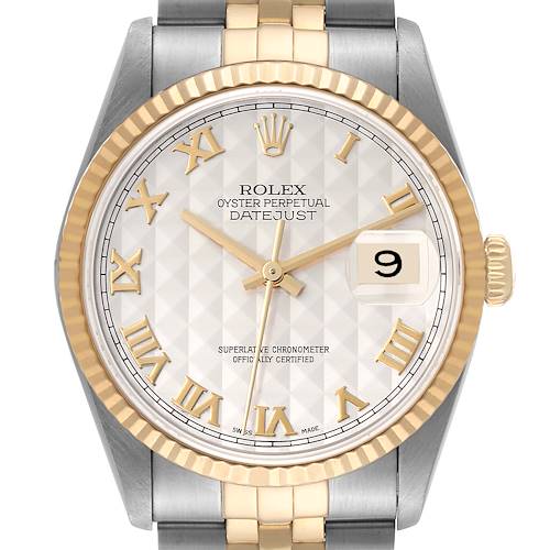 This image shows a Rolex Datejust watch from a frontal angle, highlighting the dial, bezel, and part of the bracelet.