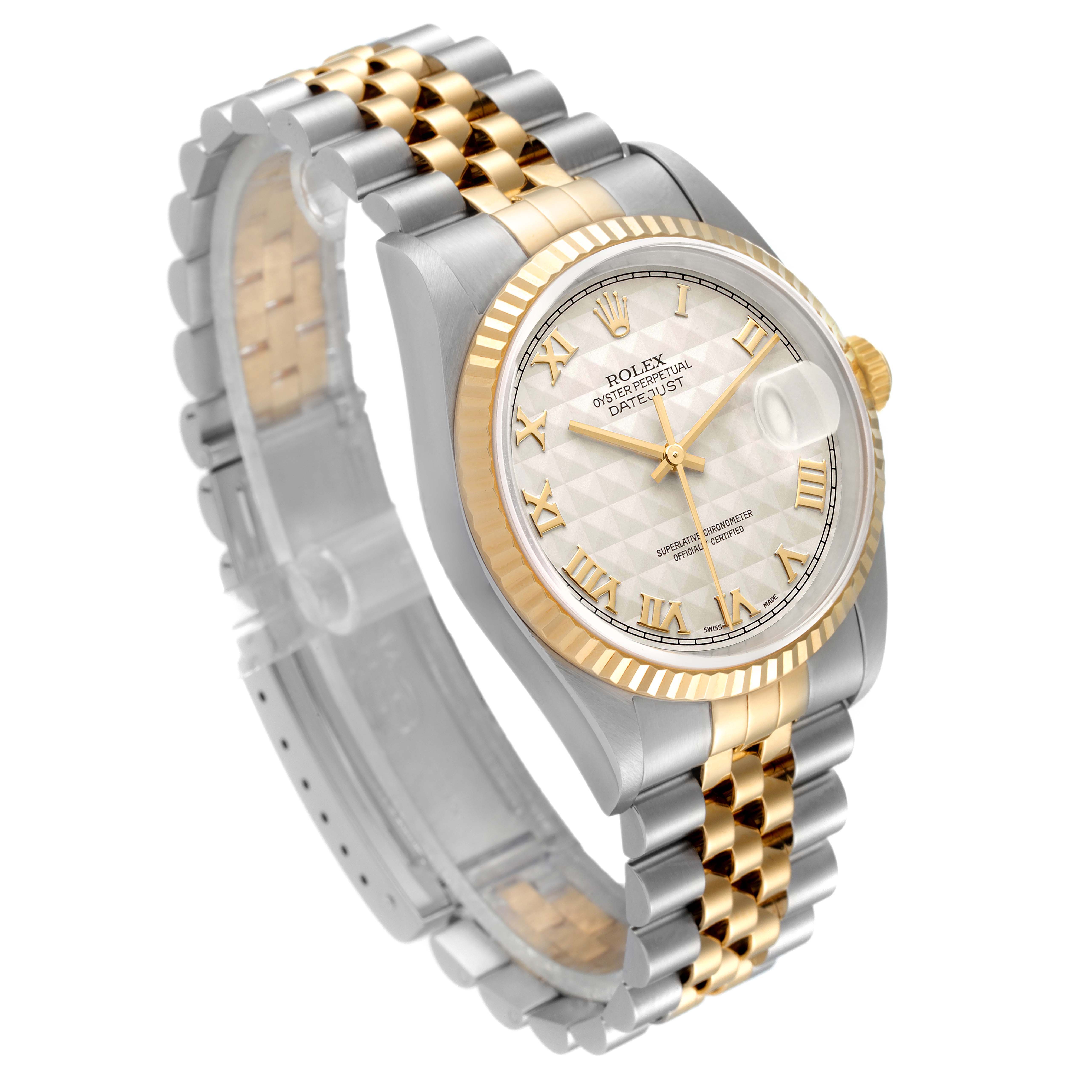 This image shows a Rolex Datejust 16233 Men's Steel and Gold (two tone) Beige Dial 16233 Men's Steel and Gold (two tone) Beige Dial watch at a three-quarter angle, highlighting the dial, bezel, and two-tone bracelet.