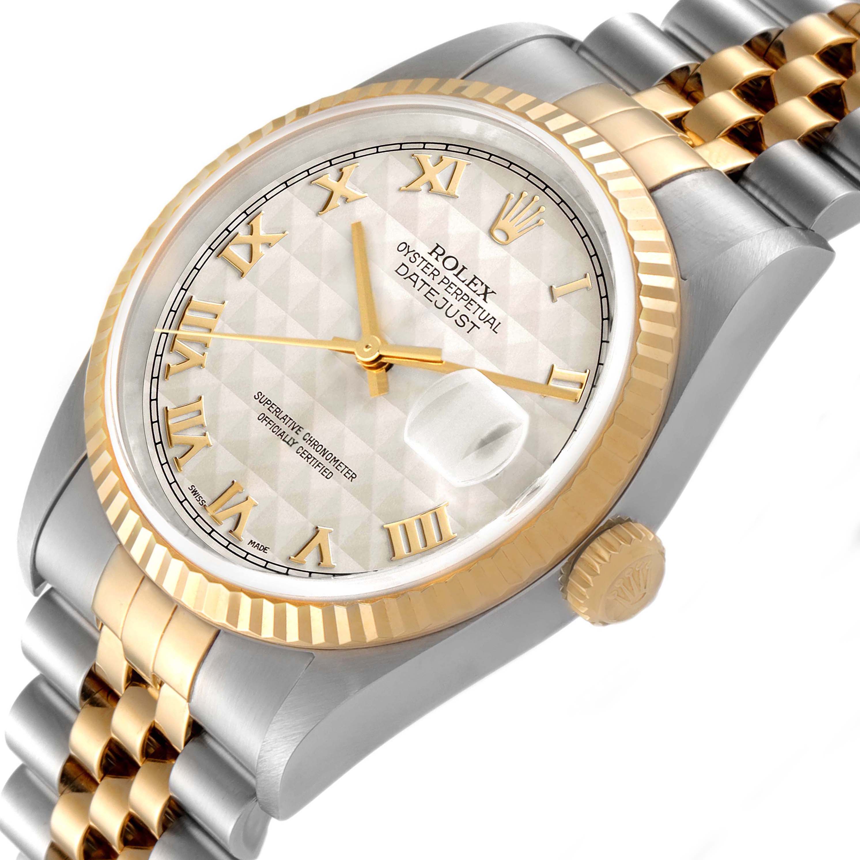 The image shows the Rolex Datejust 16233 Men's Steel and Gold (two tone) Beige Dial 16233 Men's Steel and Gold (two tone) Beige Dial model watch from an angled perspective, highlighting the face, bezel, and part of the bracelet.