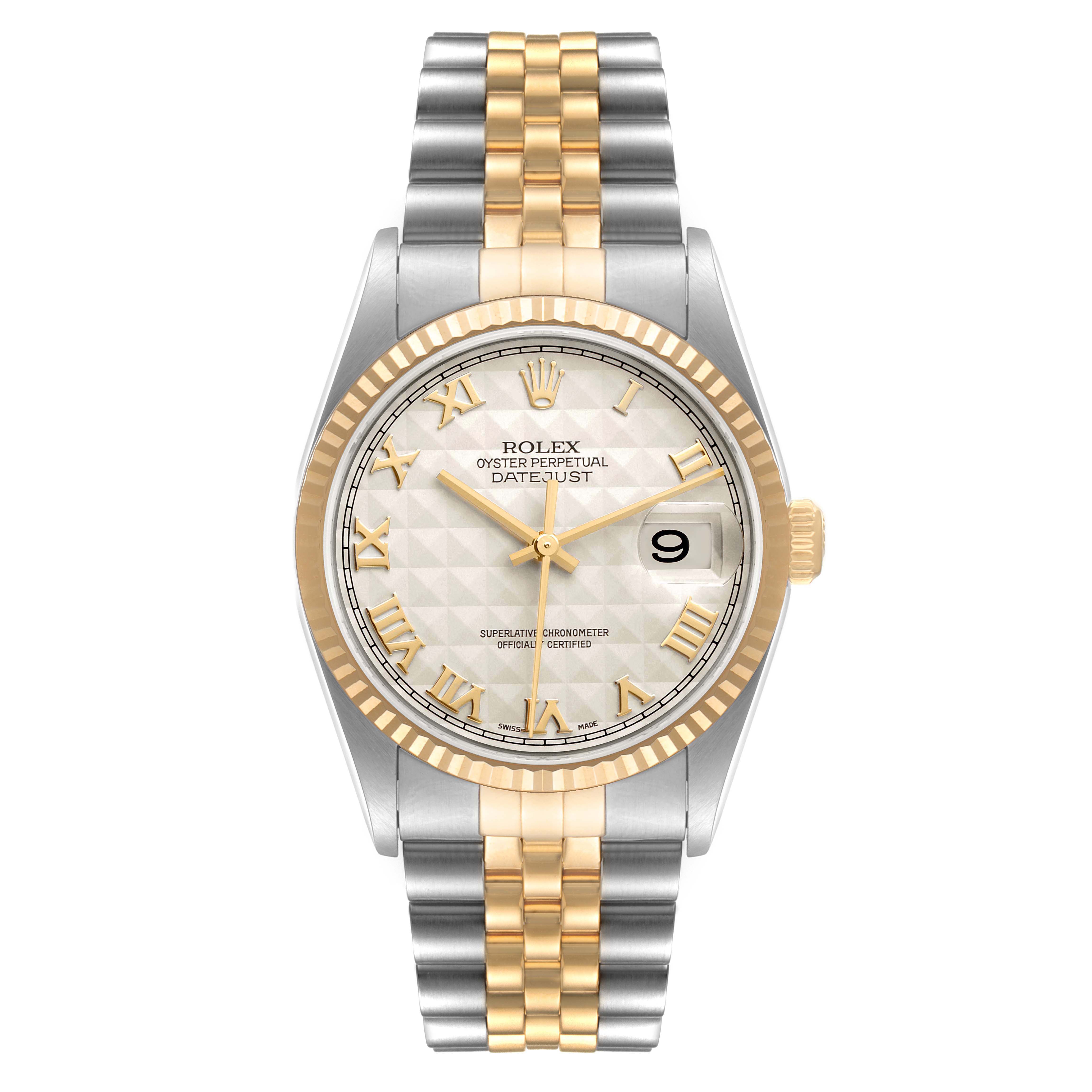 The image shows a front view of the Rolex Datejust 16233 Men's Steel and Gold (two tone) Beige Dial 16233 Men's Steel and Gold (two tone) Beige Dial watch, showcasing its face, bezel, and two-tone bracelet.