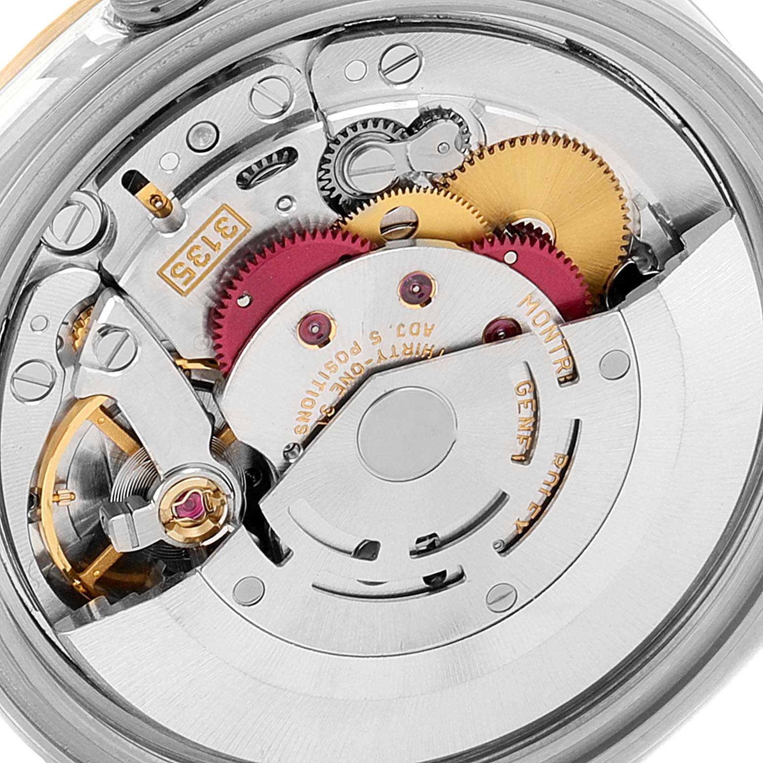 The image shows the movement components of a Rolex Datejust 16233 Men's Steel and Gold (two tone) Beige Dial 16233 Men's Steel and Gold (two tone) Beige Dial watch, viewed from the back.