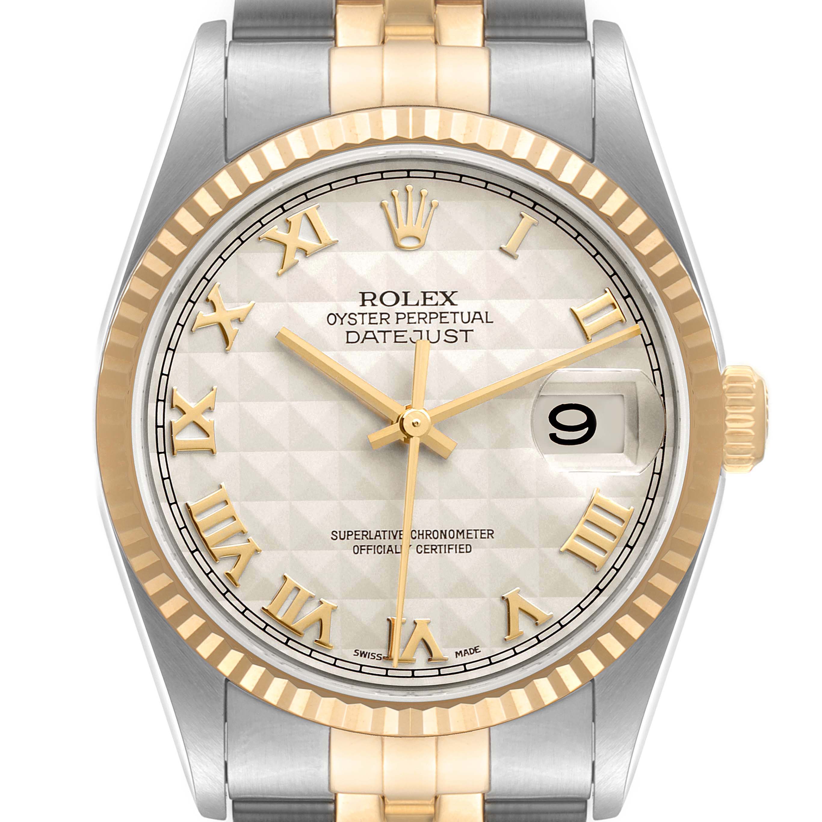The image shows a frontal view of the Rolex Datejust 16233 Men's Steel and Gold (two tone) Beige Dial 16233 Men's Steel and Gold (two tone) Beige Dial watch, highlighting its face, bezel, and part of the bracelet.