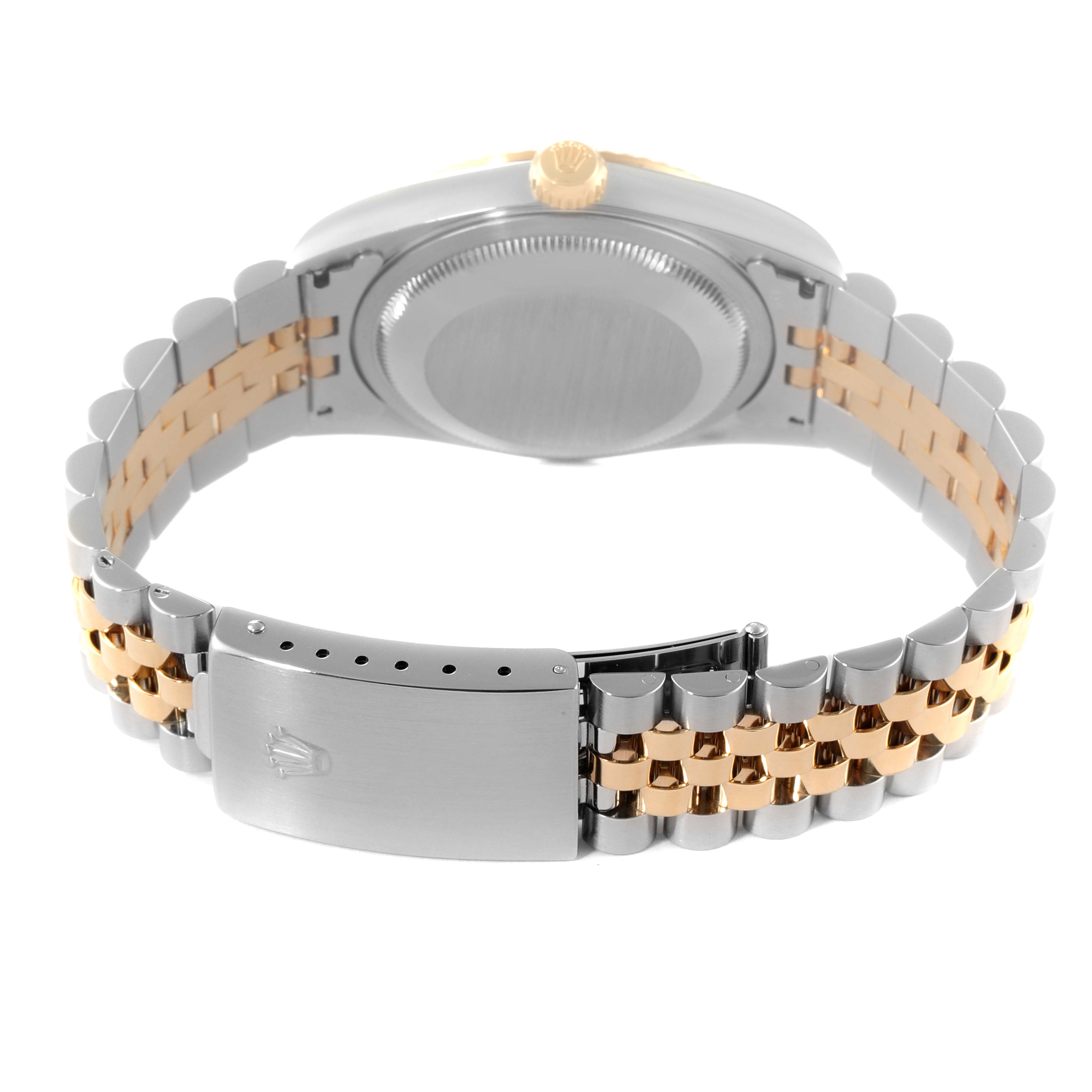 The image shows the back case and bracelet of a Rolex Datejust 16233 Men's Steel and Gold (two tone) Beige Dial 16233 Men's Steel and Gold (two tone) Beige Dial watch from a rear angle.