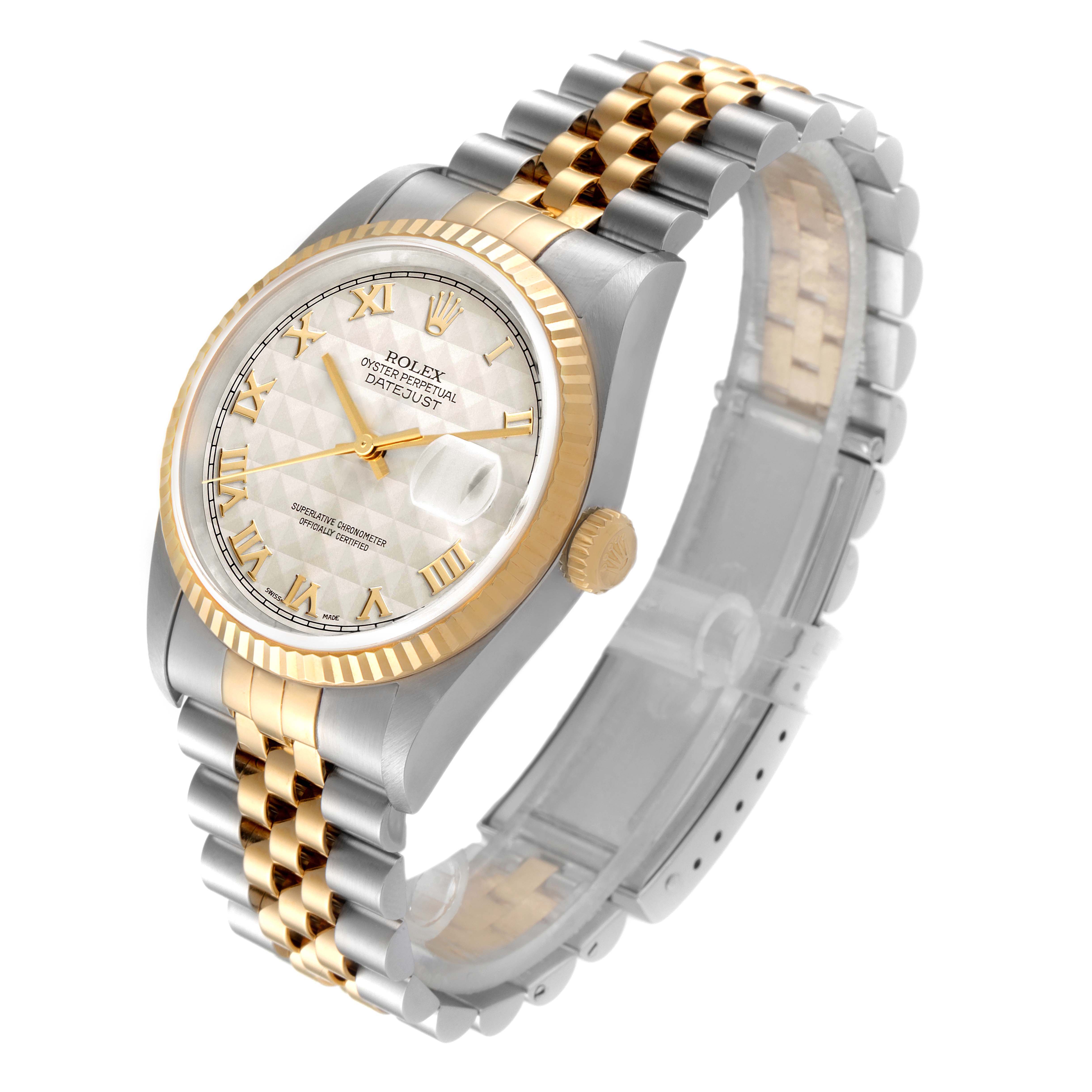 The image shows a Rolex Datejust 16233 Men's Steel and Gold (two tone) Beige Dial 16233 Men's Steel and Gold (two tone) Beige Dial watch from a three-quarter angle, highlighting the dial, bezel, crown, and two-tone bracelet.