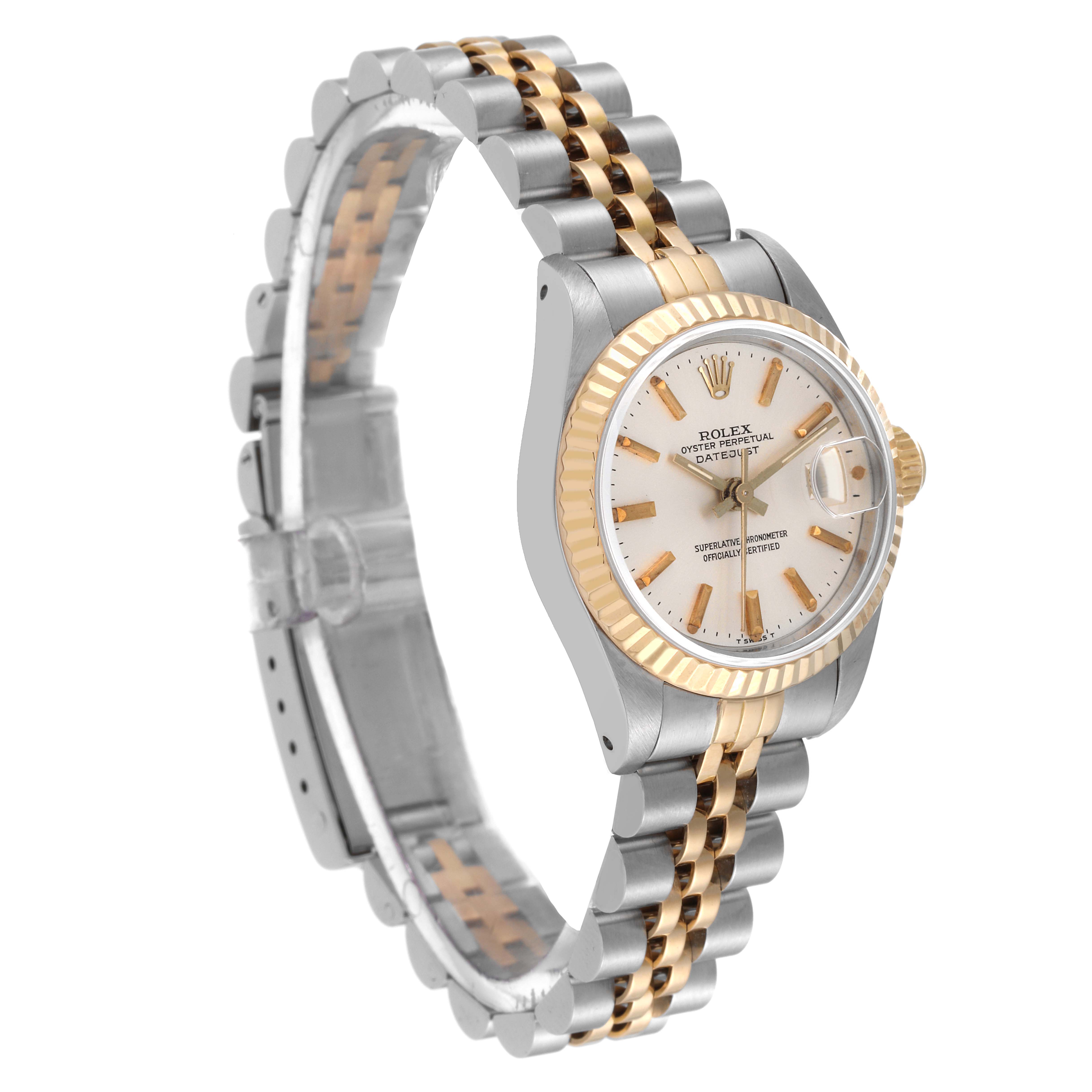 The Rolex Datejust 69173 Women's Steel and Gold (two tone) Silver Dial 69173 Women's Steel and Gold (two tone) Silver Dial watch is shown at a three-quarter angle, displaying its face, bezel, and two-tone bracelet.