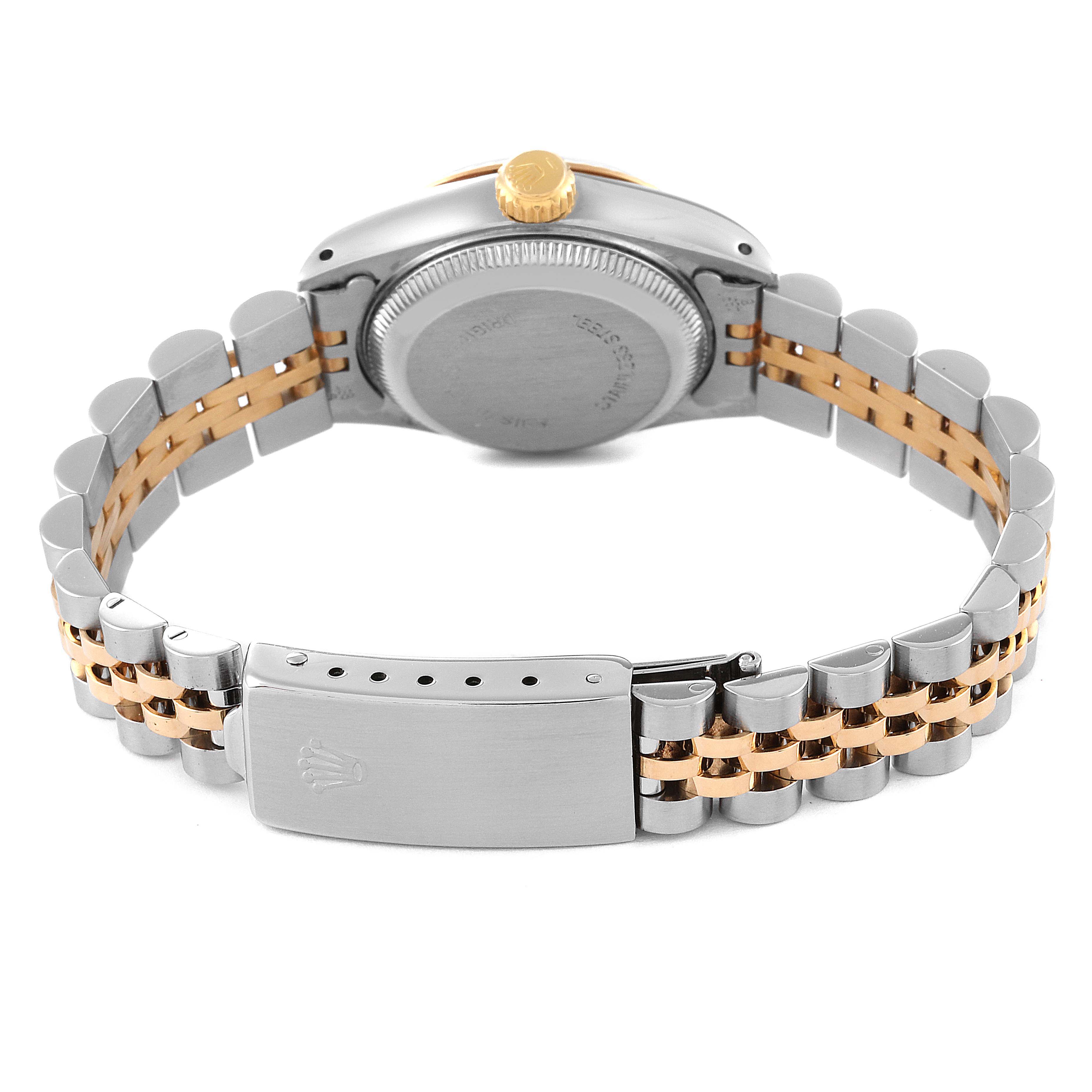 The image shows the back and bracelet of a Rolex Datejust 69173 Women's Steel and Gold (two tone) Silver Dial 69173 Women's Steel and Gold (two tone) Silver Dial watch, highlighting the clasp and two-tone metal links.