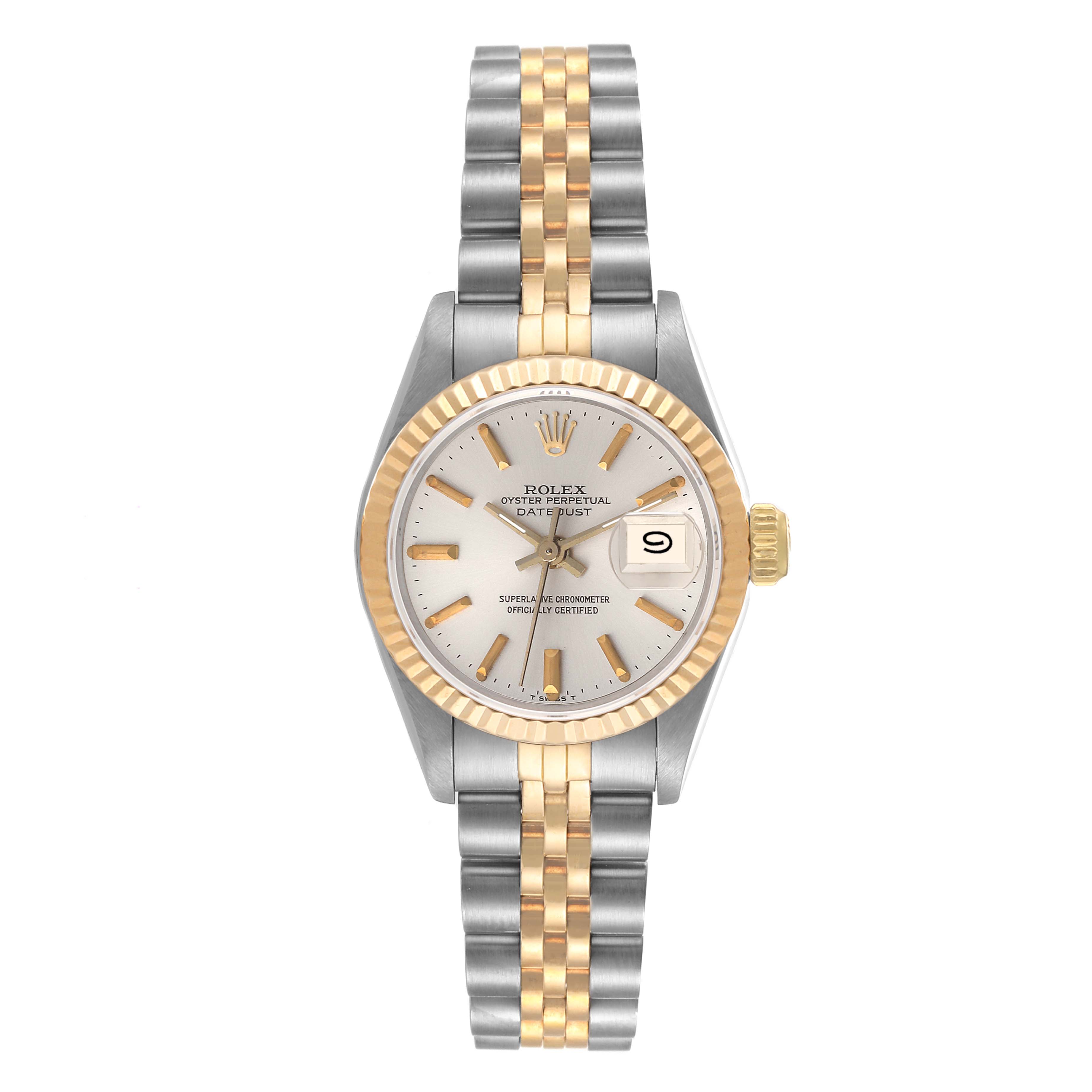 This image shows a full frontal view of a Rolex Datejust 69173 Women's Steel and Gold (two tone) Silver Dial 69173 Women's Steel and Gold (two tone) Silver Dial watch, highlighting the face, bezel, and bracelet.