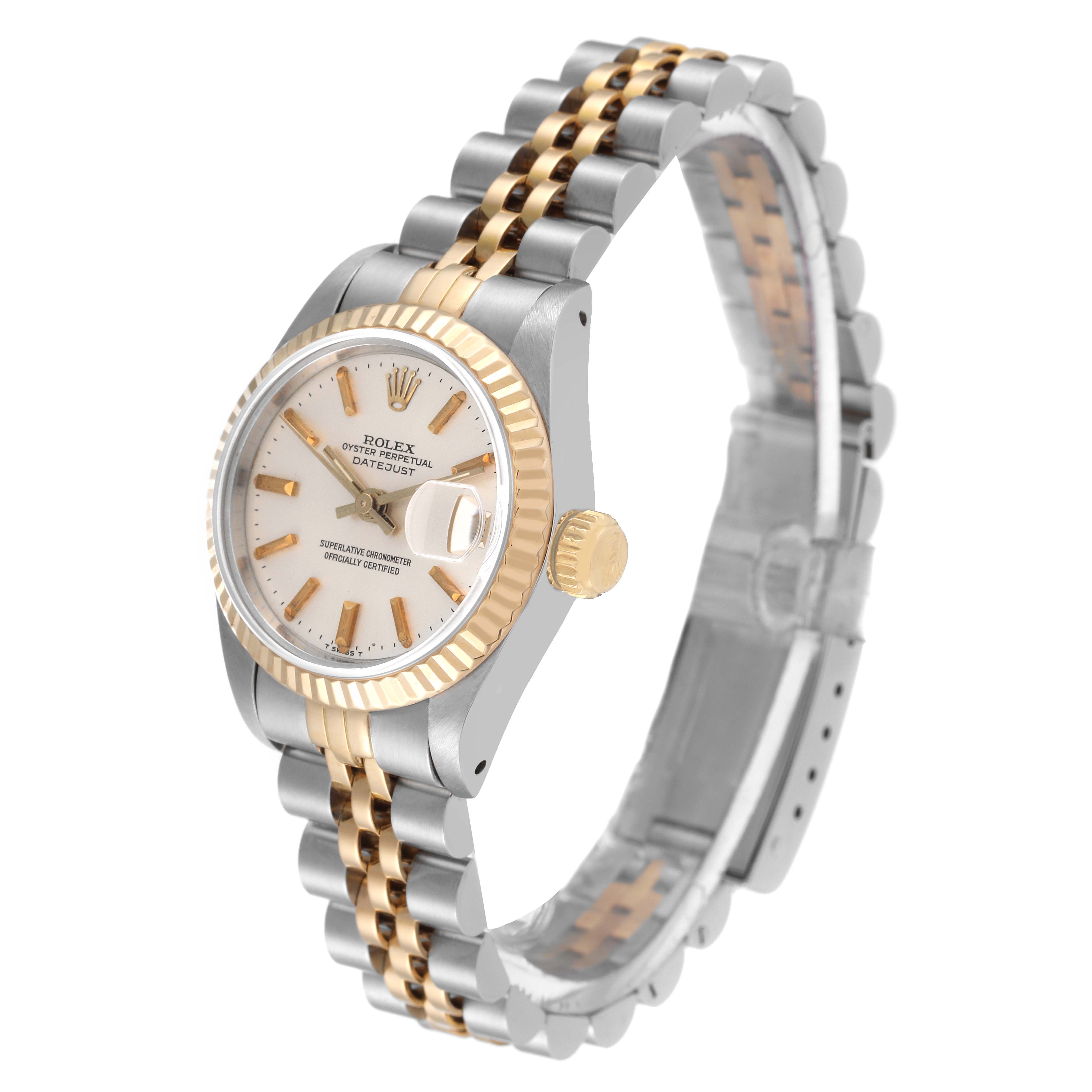 The image shows a Rolex Datejust 69173 Women's Steel and Gold (two tone) Silver Dial 69173 Women's Steel and Gold (two tone) Silver Dial watch at a three-quarter angle, highlighting the bezel, face, bracelet, and crown.