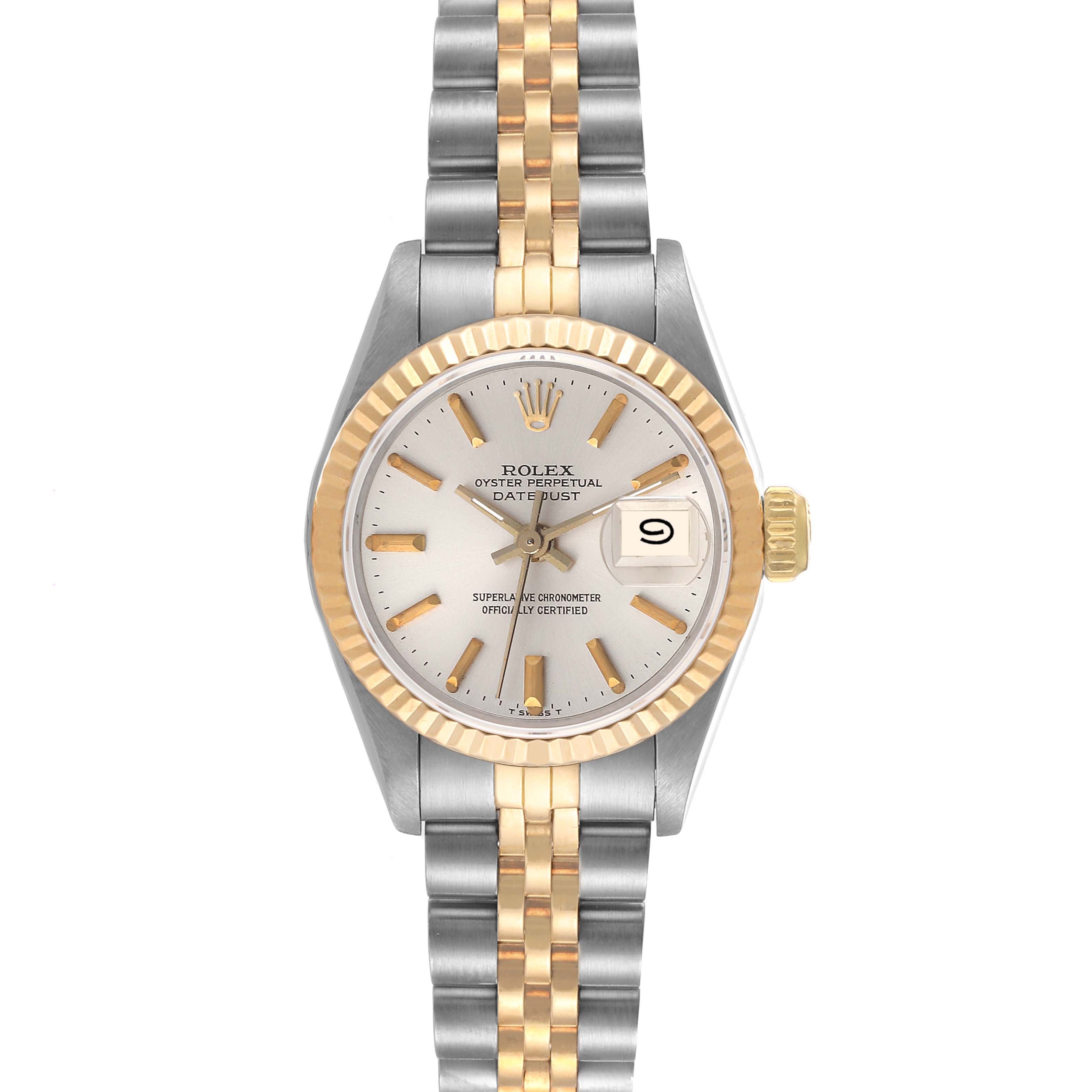 This image shows a front view of a Rolex Datejust 69173 Women's Steel and Gold (two tone) Silver Dial 69173 Women's Steel and Gold (two tone) Silver Dial model, showcasing its dial, bezel, and two-tone bracelet.