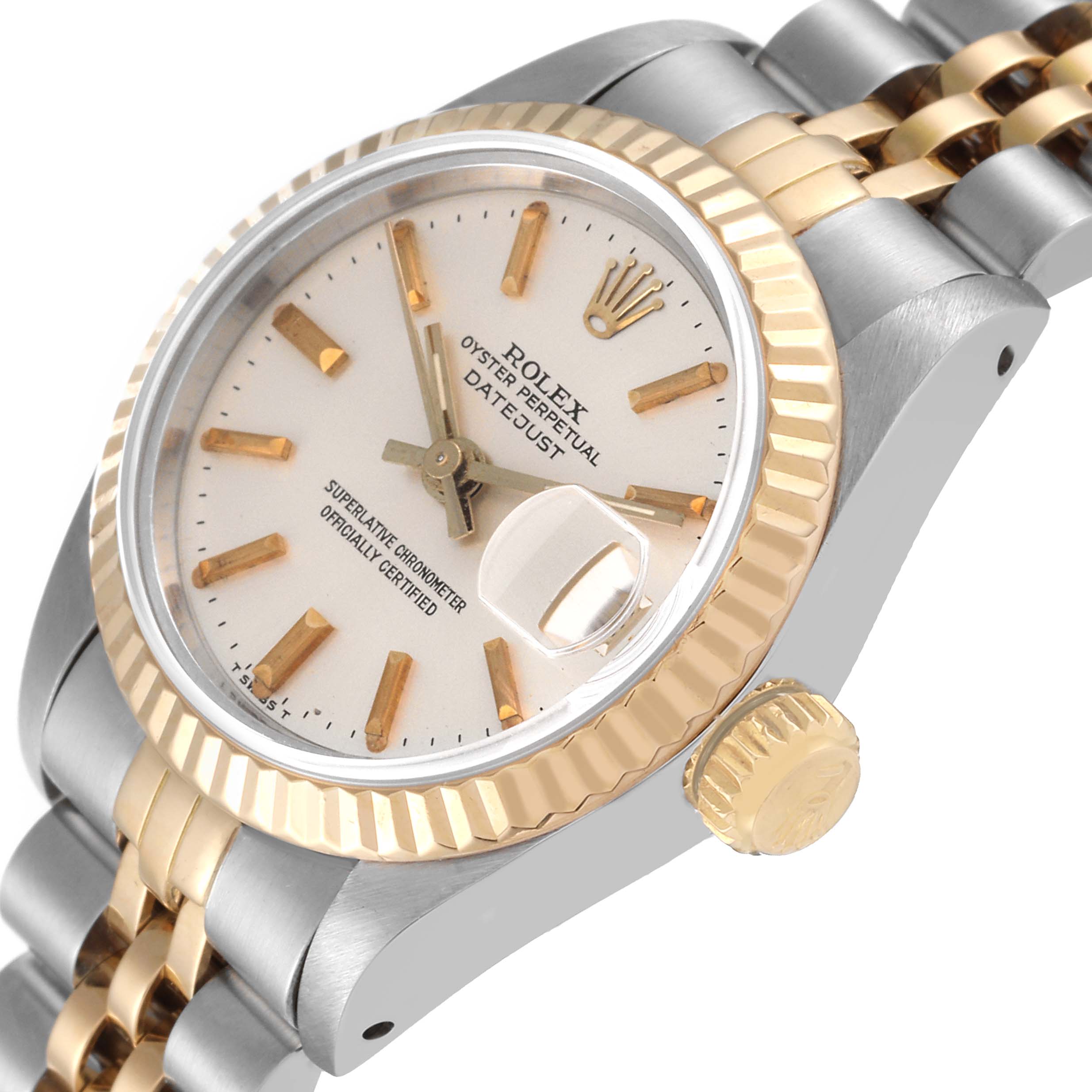 The Rolex Datejust 69173 Women's Steel and Gold (two tone) Silver Dial 69173 Women's Steel and Gold (two tone) Silver Dial watch is shown at an angle highlighting the dial, crown, and part of the bracelet.