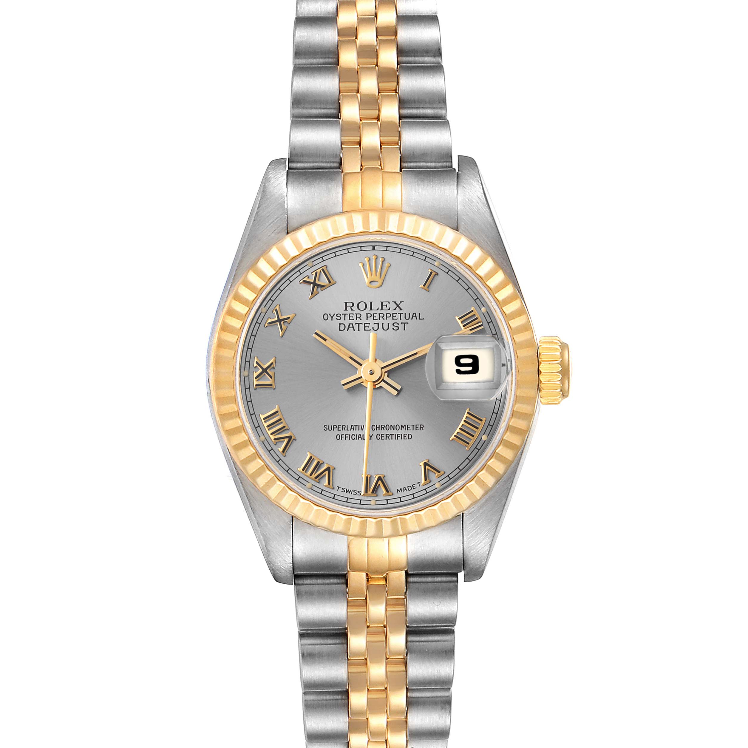 The image shows a front view of the Rolex Datejust 69173 Women's Steel and Gold (two tone) Grey Dial 69173 Women's Steel and Gold (two tone) Grey Dial model, featuring its dial, bracelet, bezel, and date display.