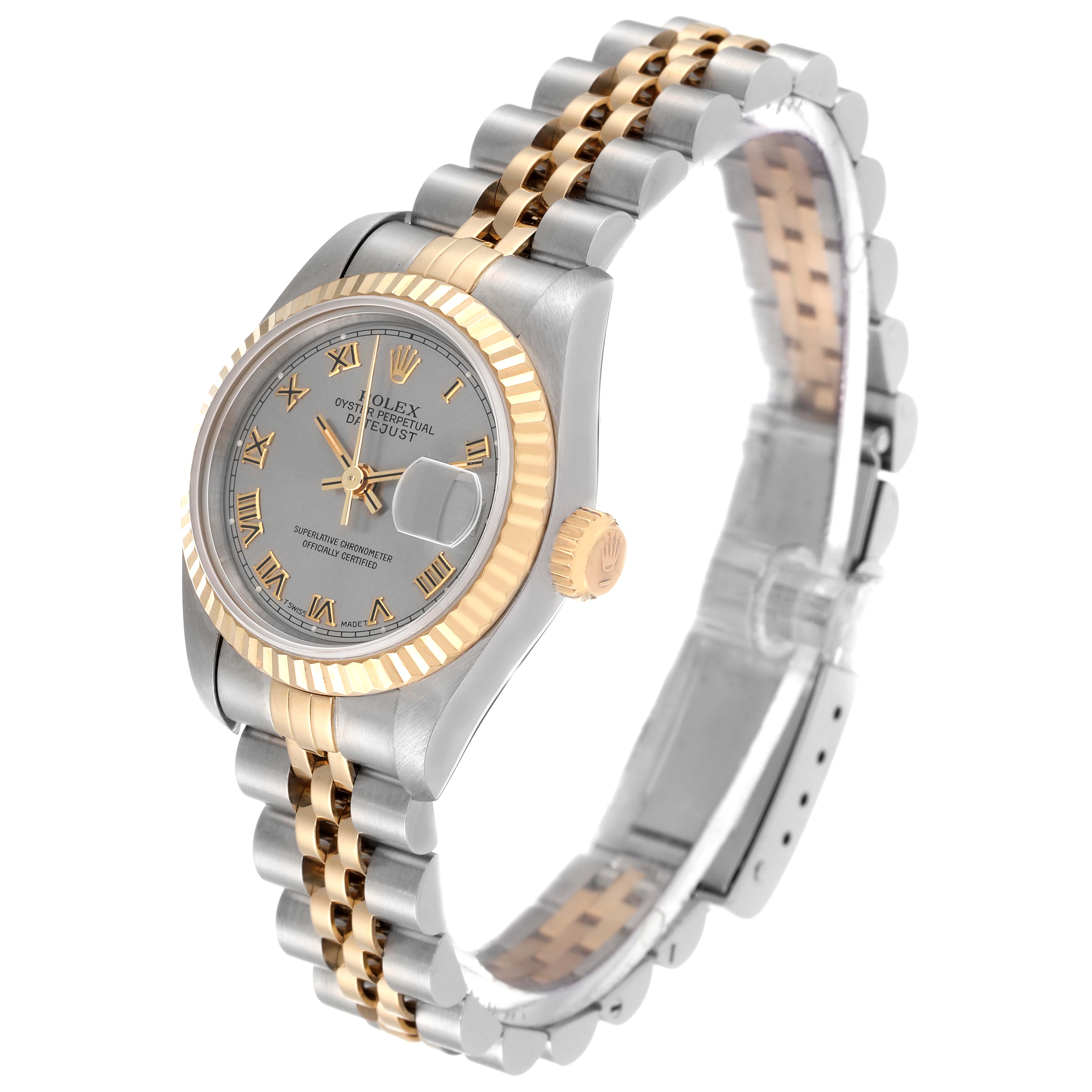 This image shows a Rolex Datejust 69173 Women's Steel and Gold (two tone) Grey Dial 69173 Women's Steel and Gold (two tone) Grey Dial model watch from an angled side view, highlighting the face, bezel, band, and crown.